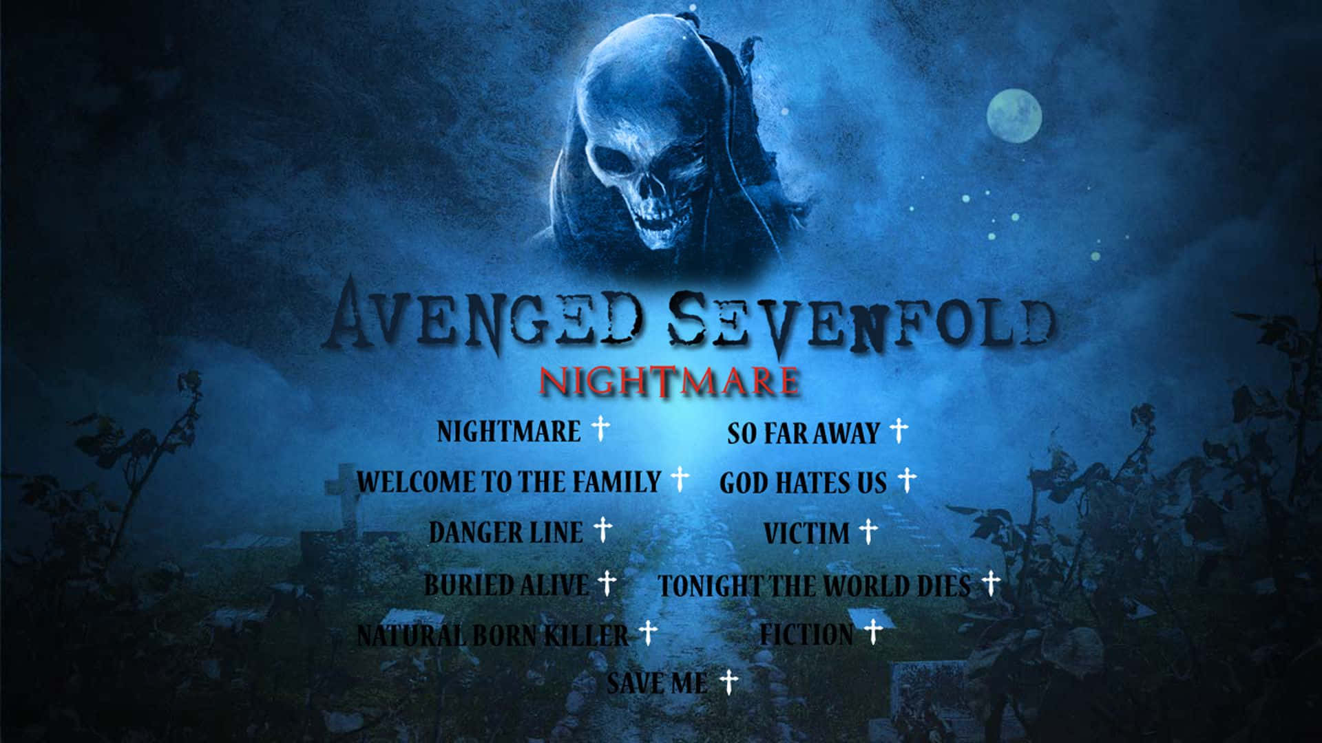 Avenged Sevenfold, skeletal figure, graveyard, Full HD Desktop Wallpaper