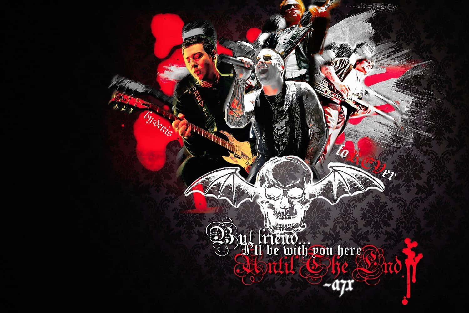 Avenged Sevenfold, skull with bat wings, black damask background, HD Desktop Wallpaper