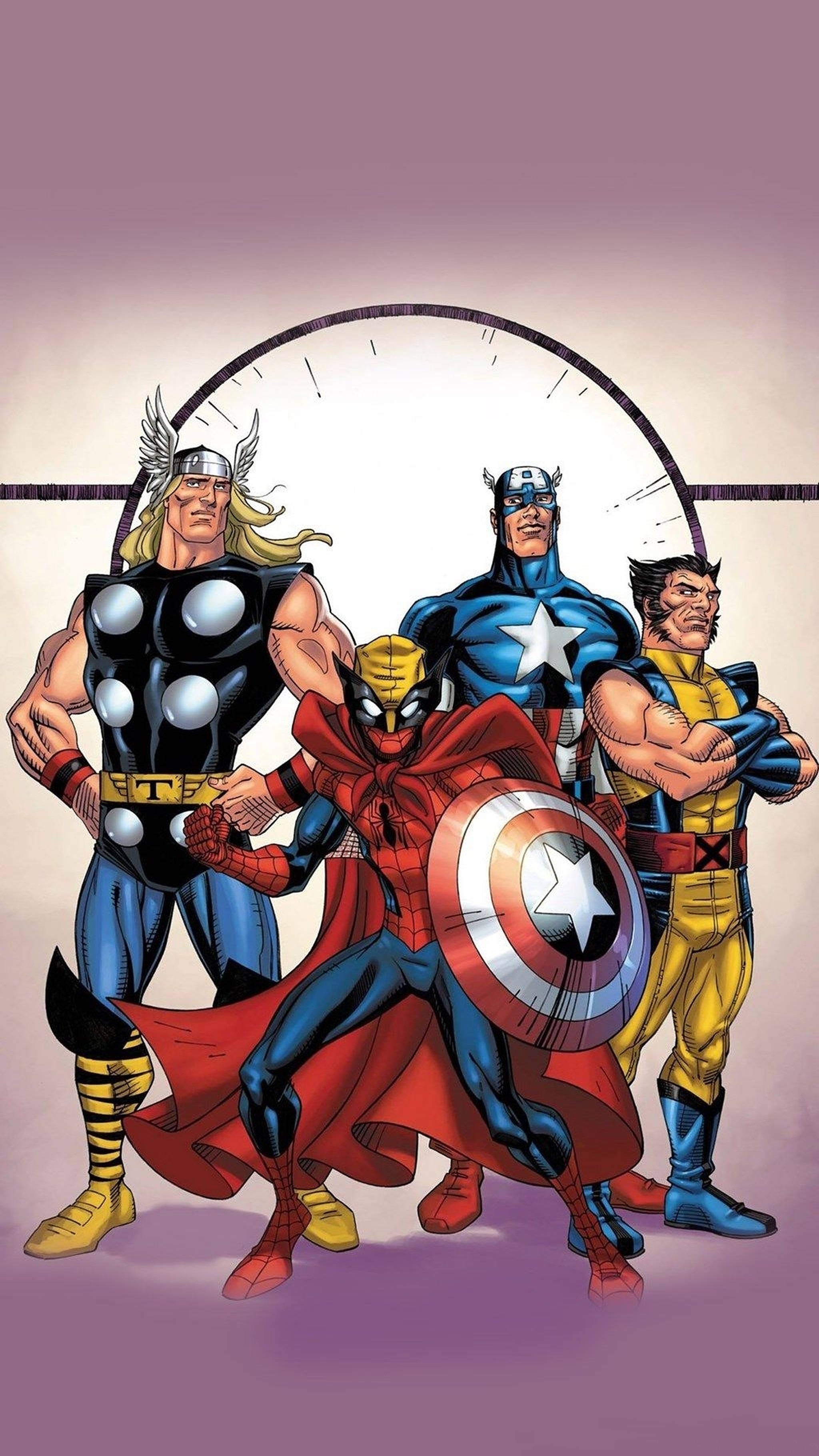 Avengers Android, comic book illustration, purple gradient background, 2K Phone Wallpaper
