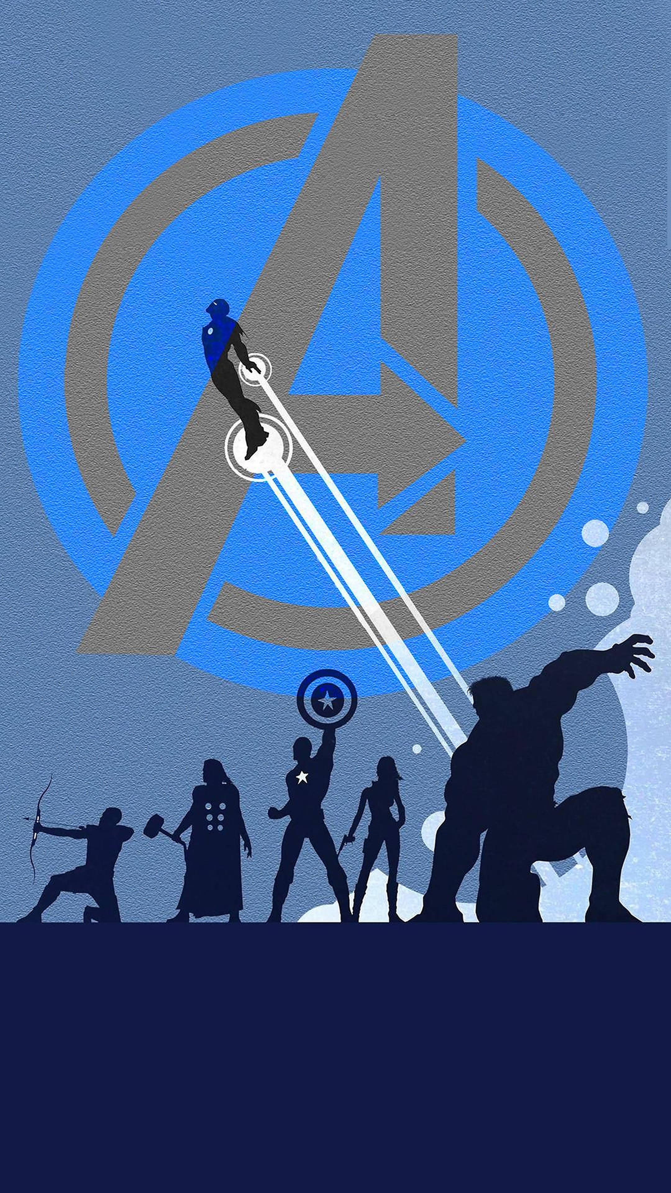 Avengers Android, blue and gray 'A' logo, silhouetted Avengers heroes, 4K Phone Wallpaper