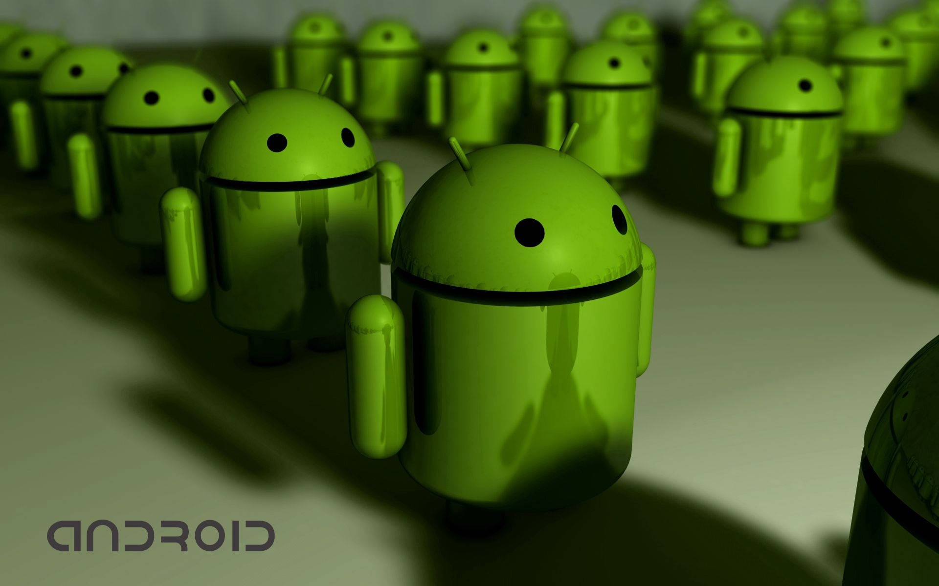 glossy green Android robot figurines, dimly lit room, long shadows, Full HD Desktop Wallpaper