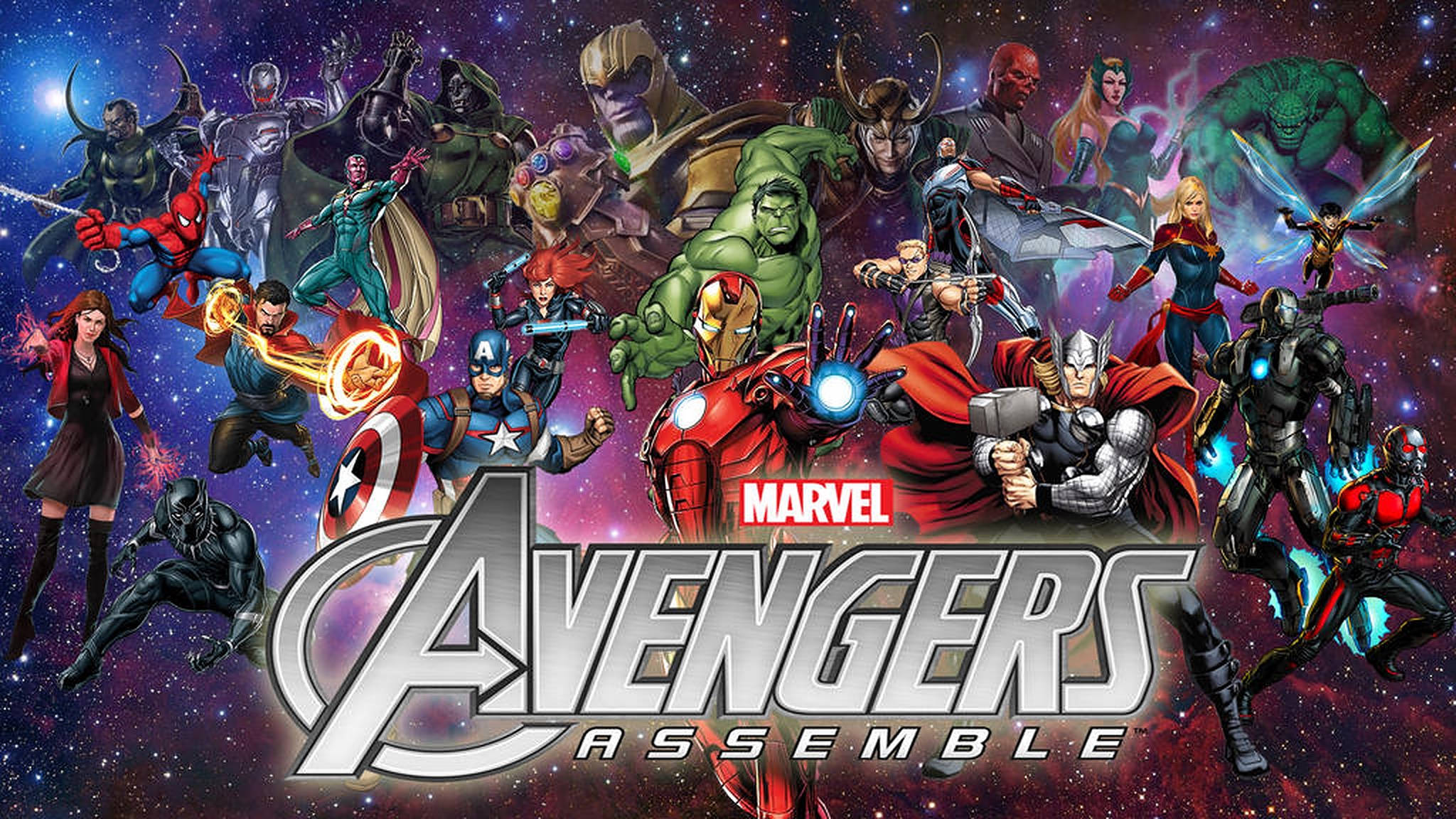 Avengers Assemble, purple galaxy, cosmic battle scene, Full HD Desktop Wallpaper