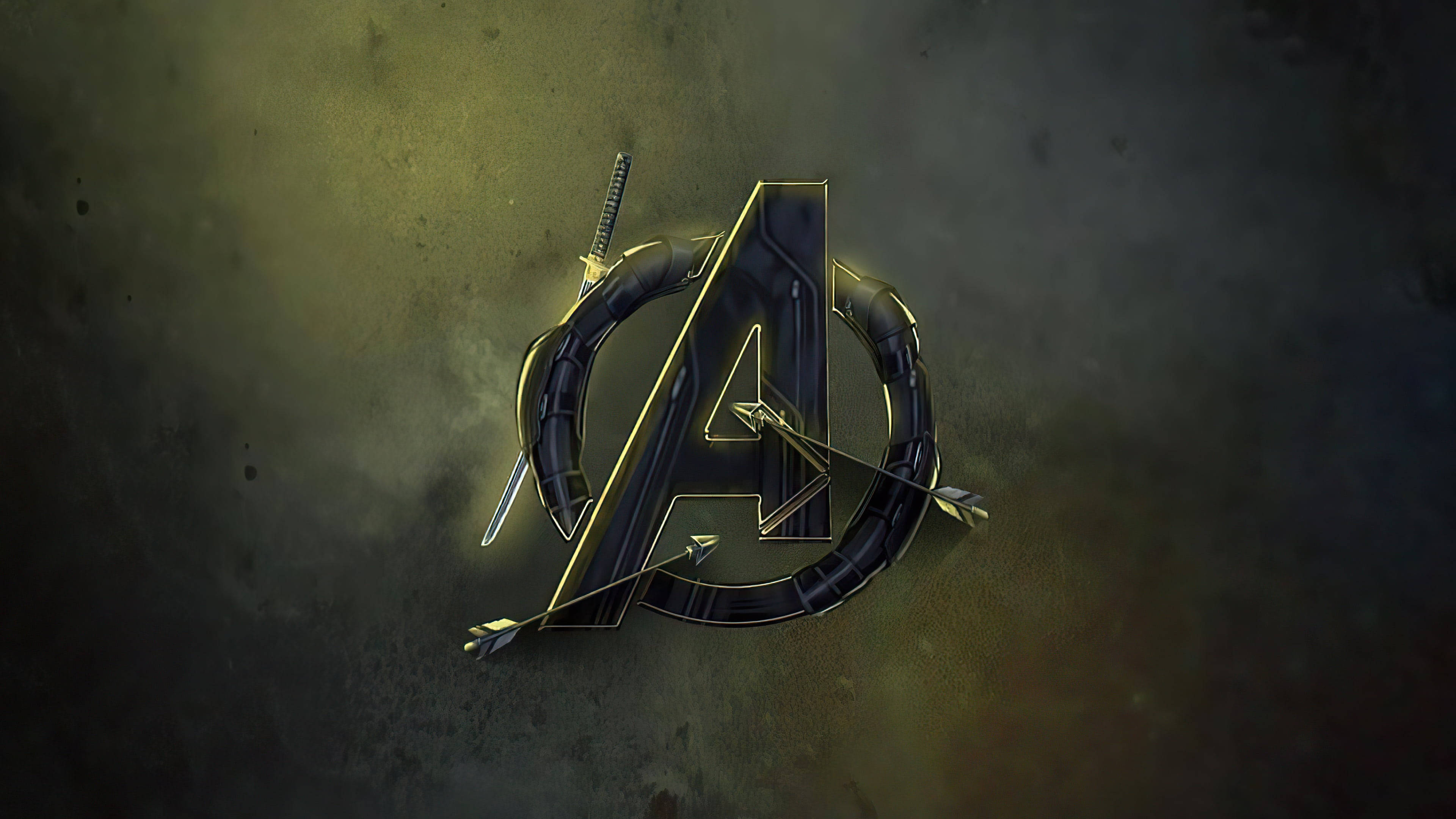 Avengers, metallic Avengers logo, golden light, 4K Desktop Wallpaper