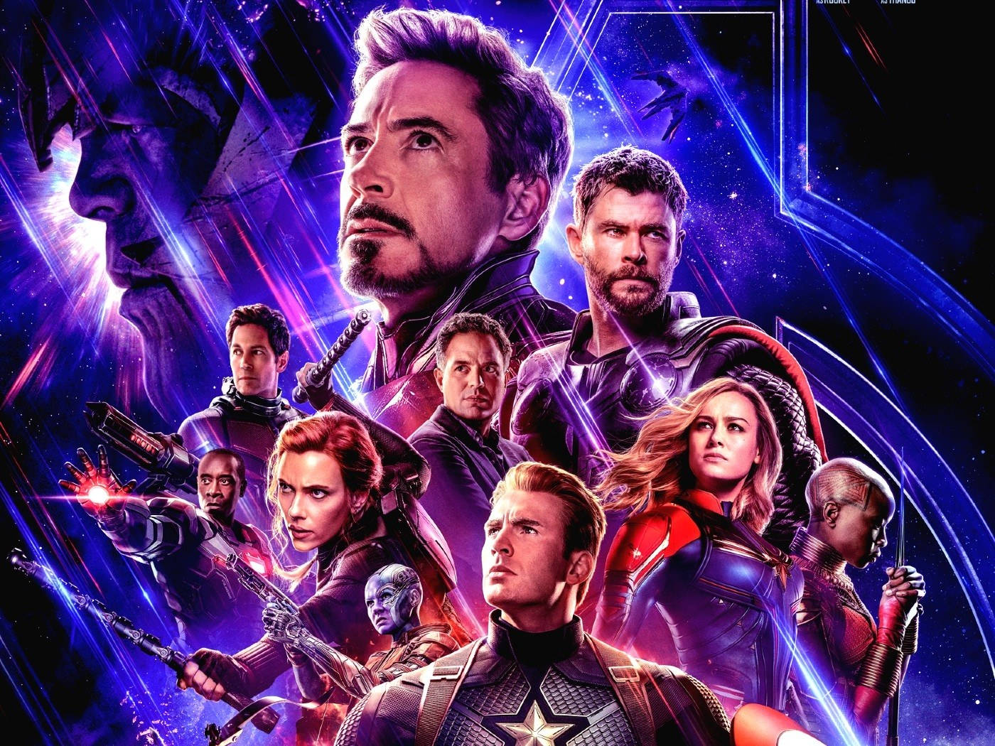 Avengers Endgame, cosmic purple and blue starfield, glowing energy beams, HD Desktop Wallpaper