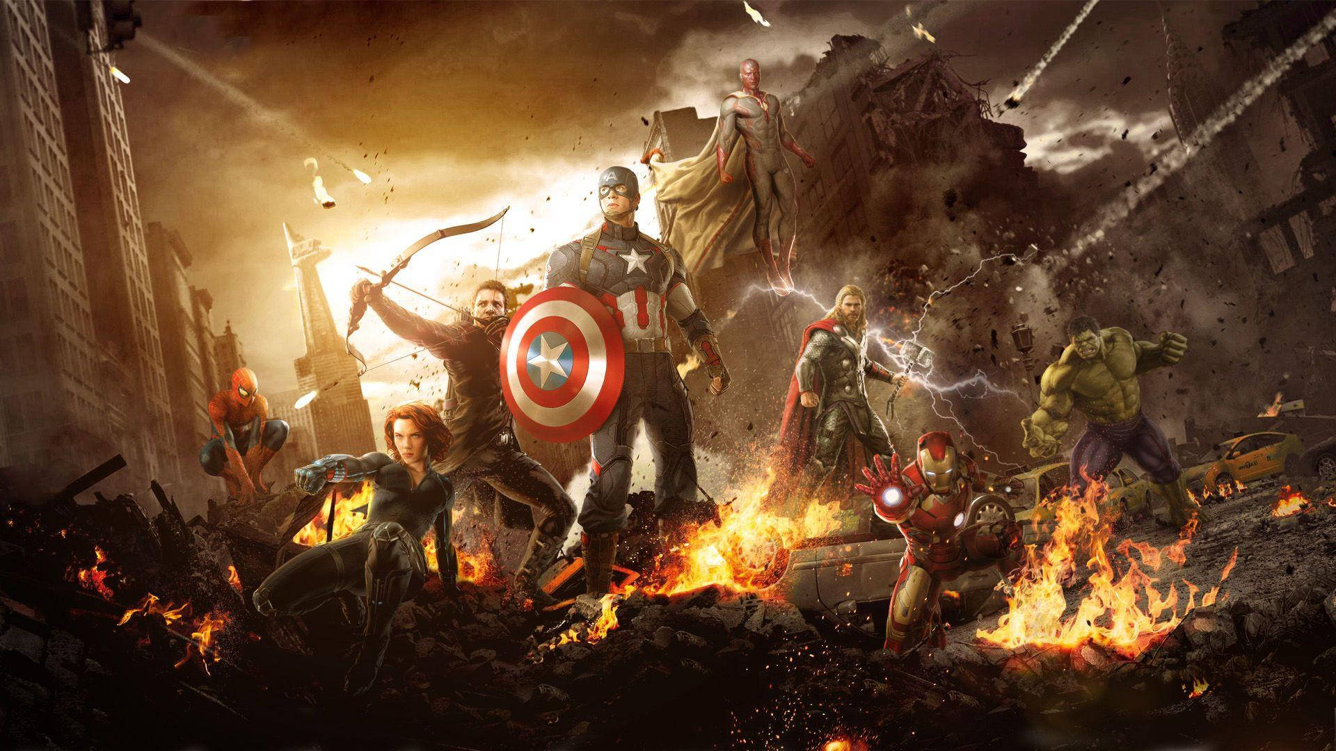 Avengers Infinity War, superheroes, fiery ruins, Full HD Desktop Wallpaper