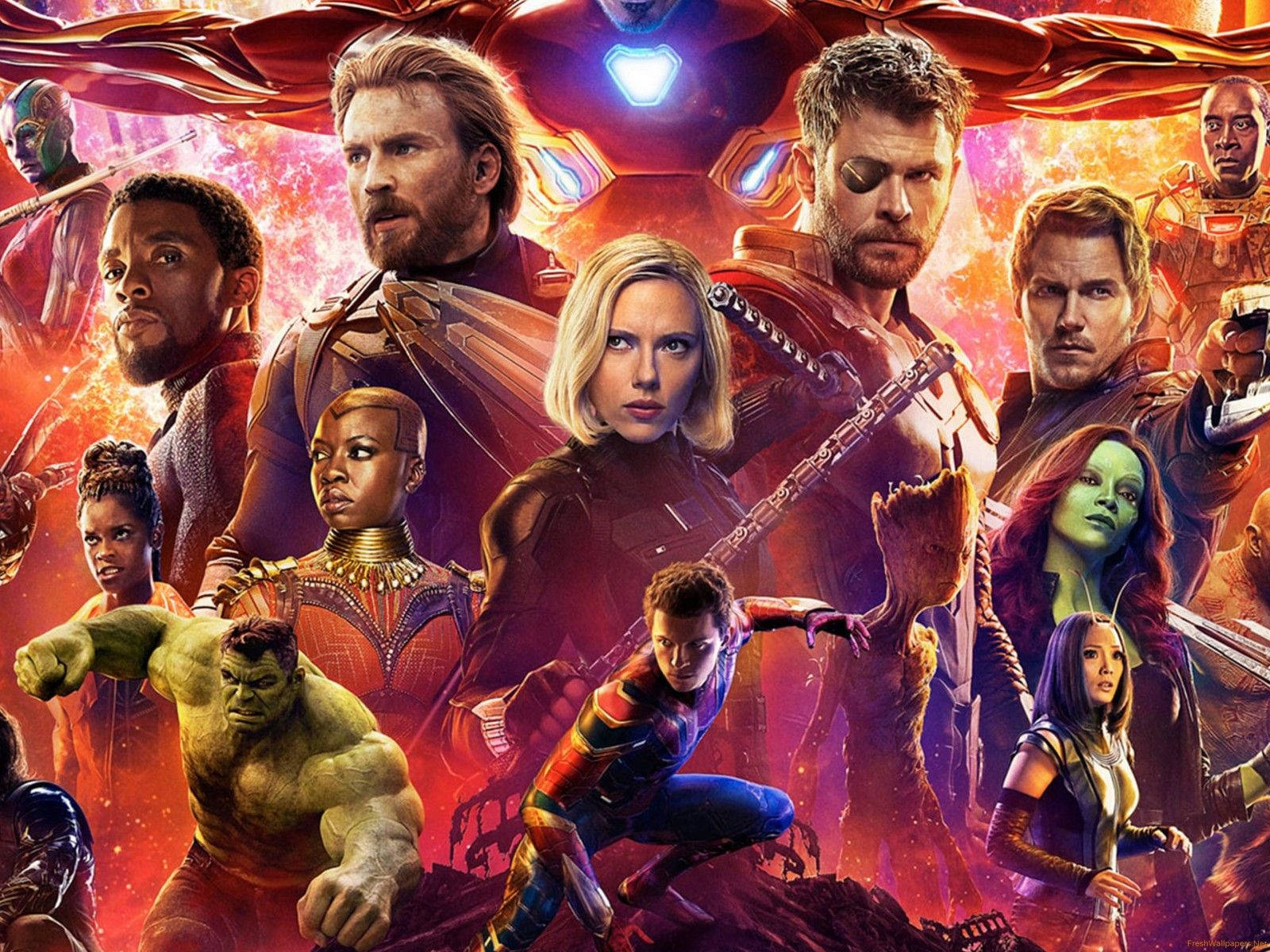 Avengers Infinity War, superhero ensemble, fiery cosmic backdrop, HD Desktop Wallpaper