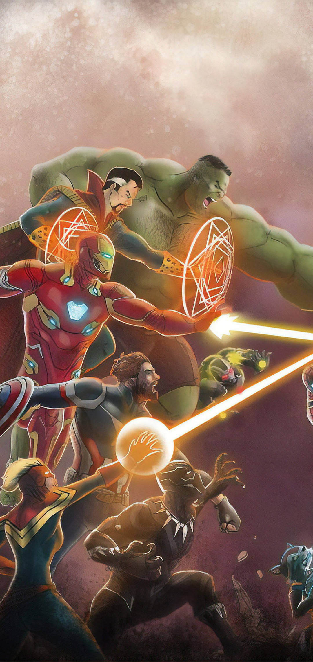 Avengers, dusty pink backdrop, glowing energy beams, Full HD Phone Wallpaper