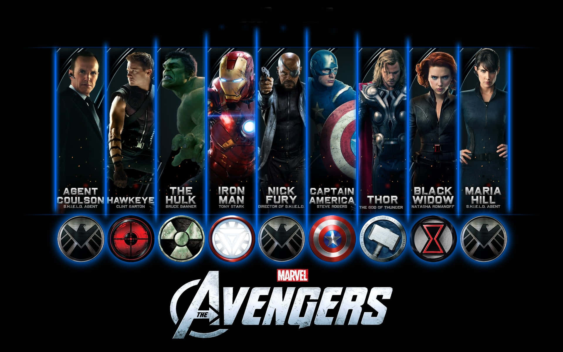 Avengers, Avengers logo, glowing blue vertical bars, Full HD Desktop Wallpaper