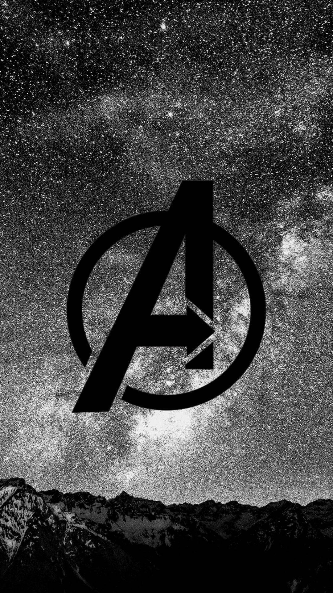 Avengers Logo, starry galaxy, snow-capped mountains, Full HD Phone Wallpaper