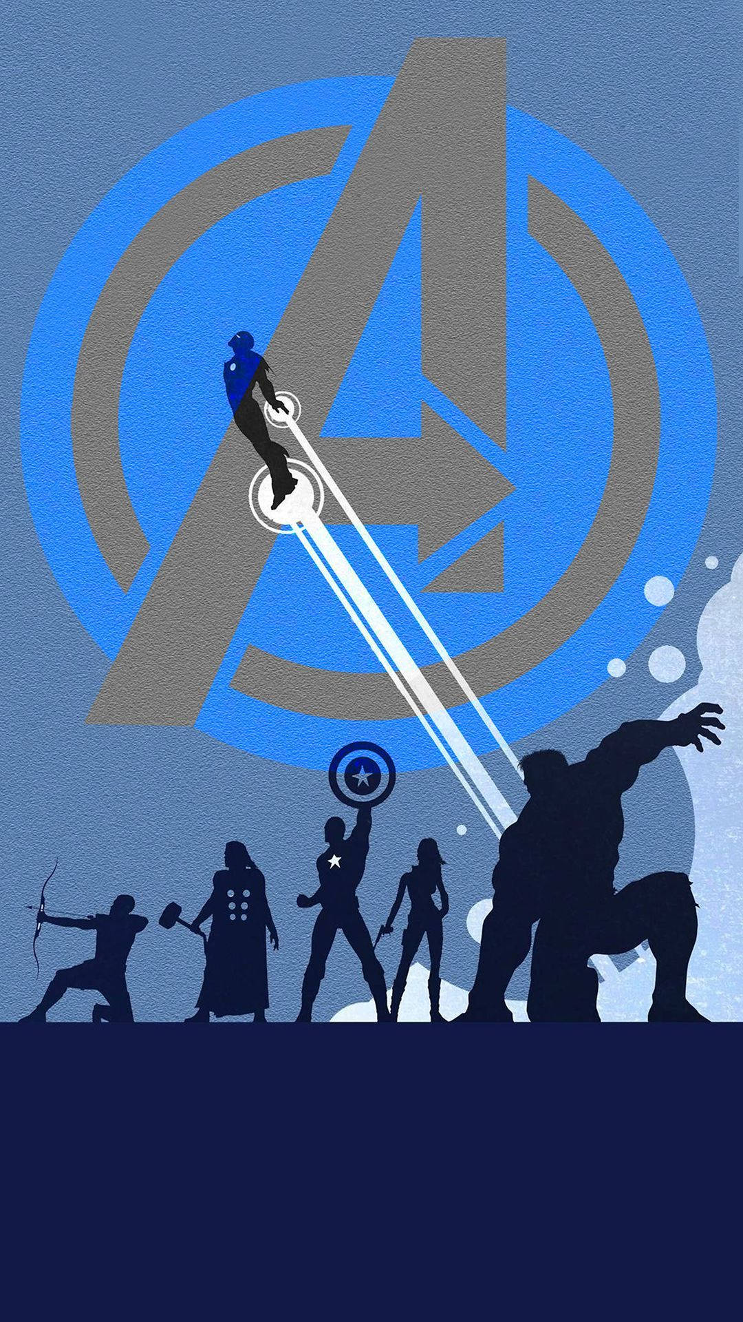 Avengers, blue and gray 'A' logo, silhouetted Avengers heroes, Full HD Phone Wallpaper