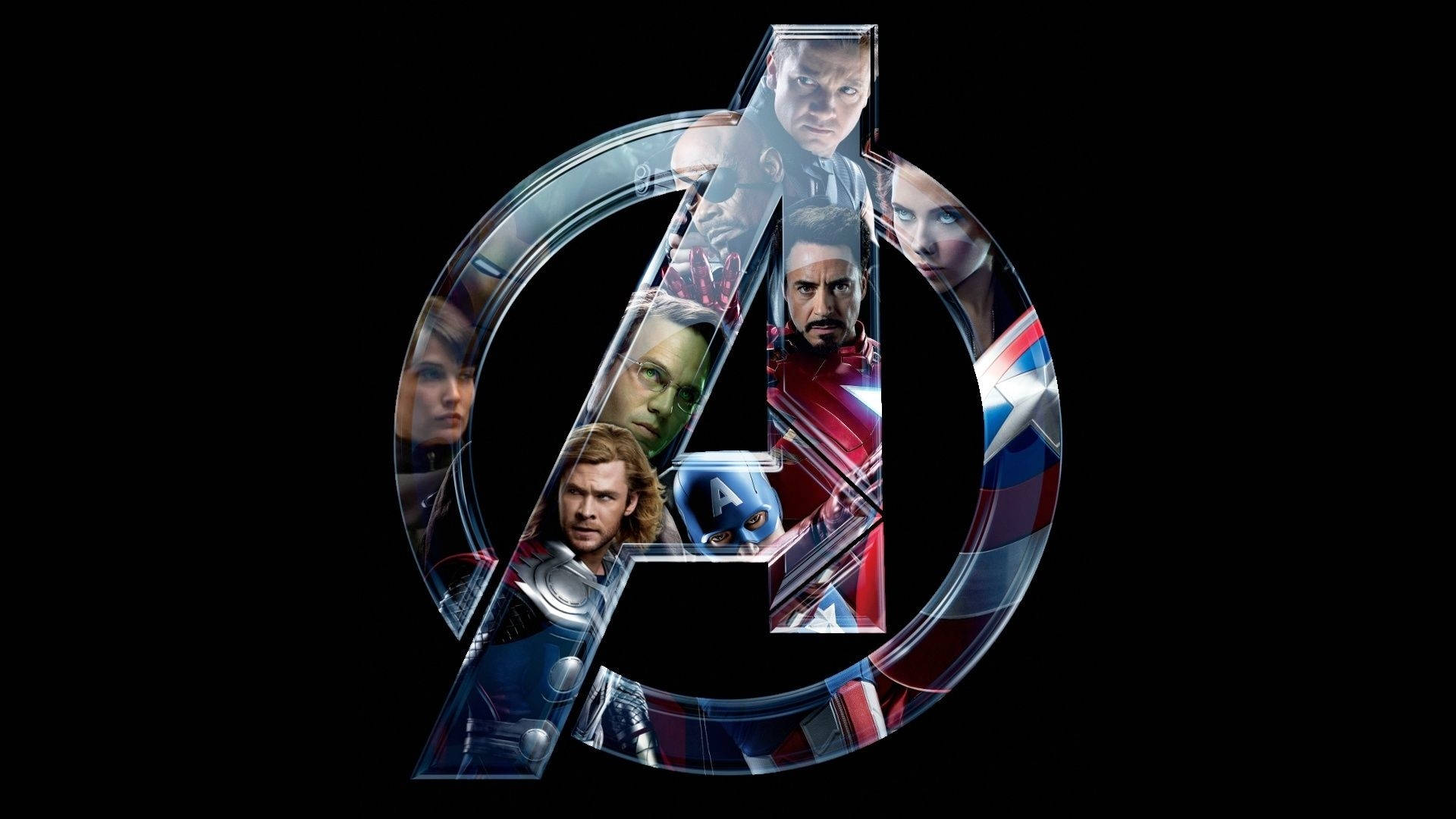 Avengers Logo, hero faces, stark black background, Full HD Desktop Wallpaper