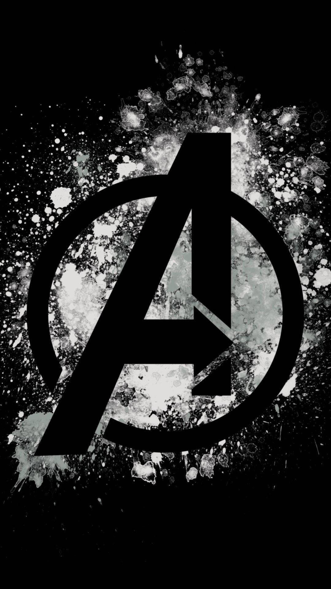 Avengers Logo, black, white paint splatter, Full HD Phone Wallpaper