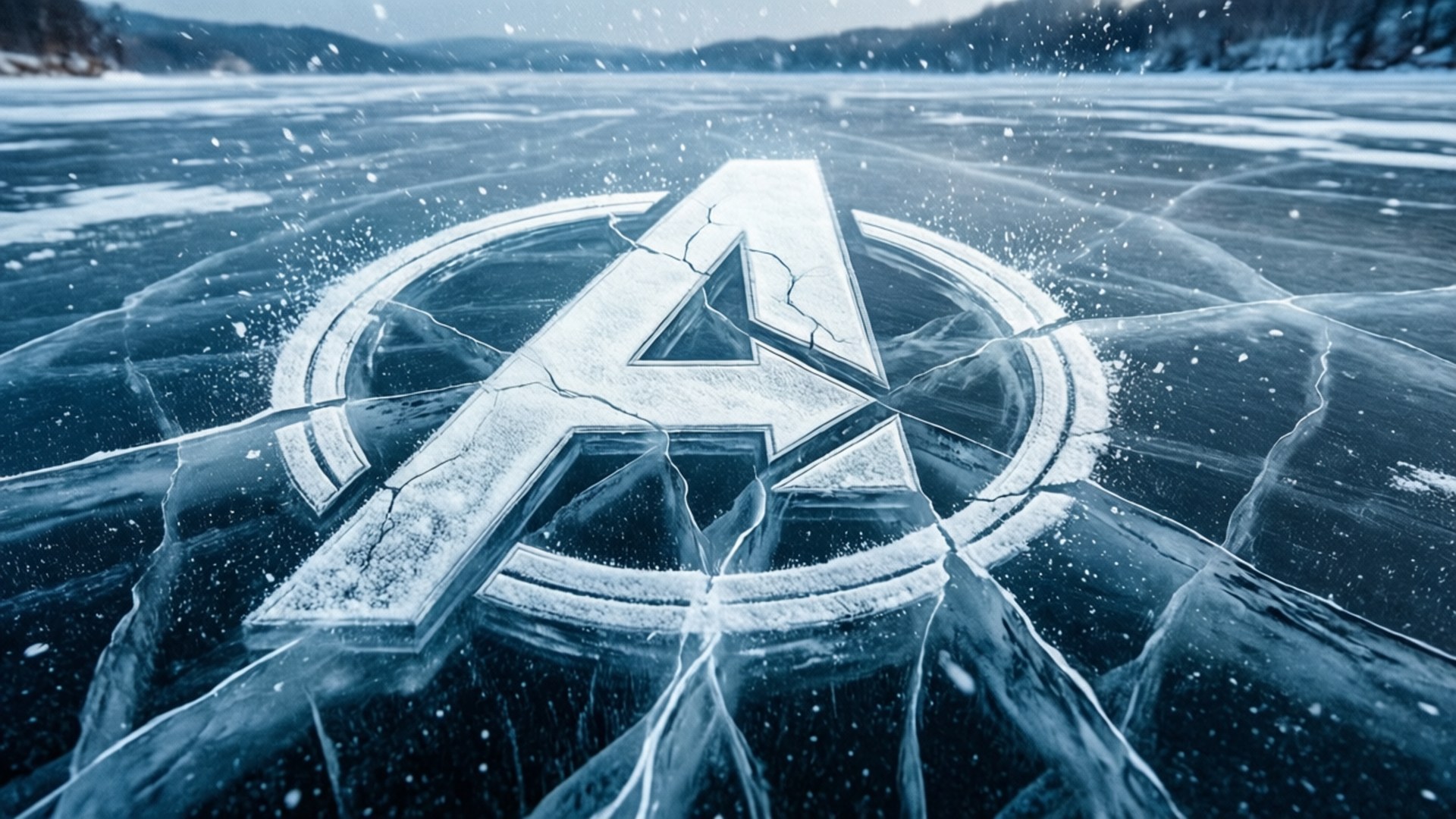 Avengers Logo, cracked ice, snowy sky, Full HD Desktop Wallpaper