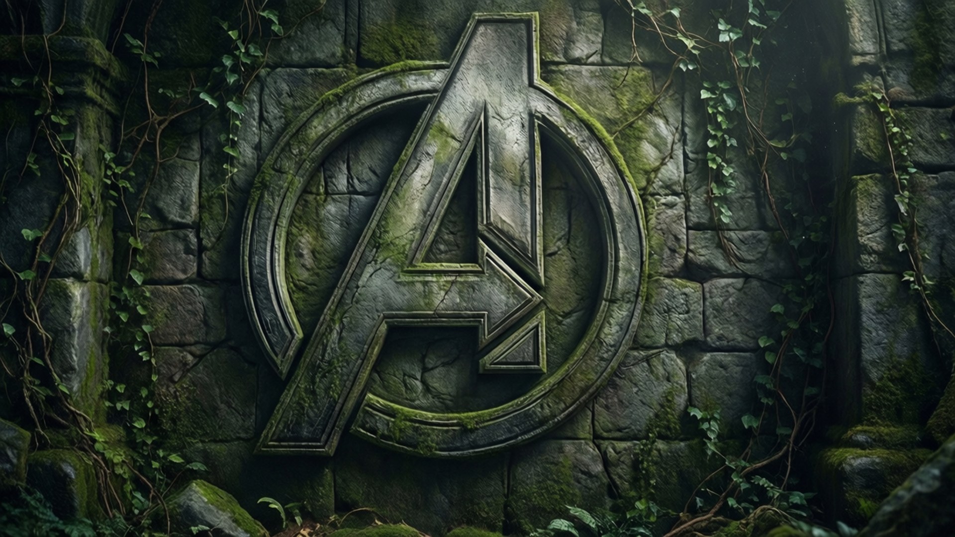 Avengers Logo, mossy stone wall, ivy, Full HD Desktop Wallpaper
