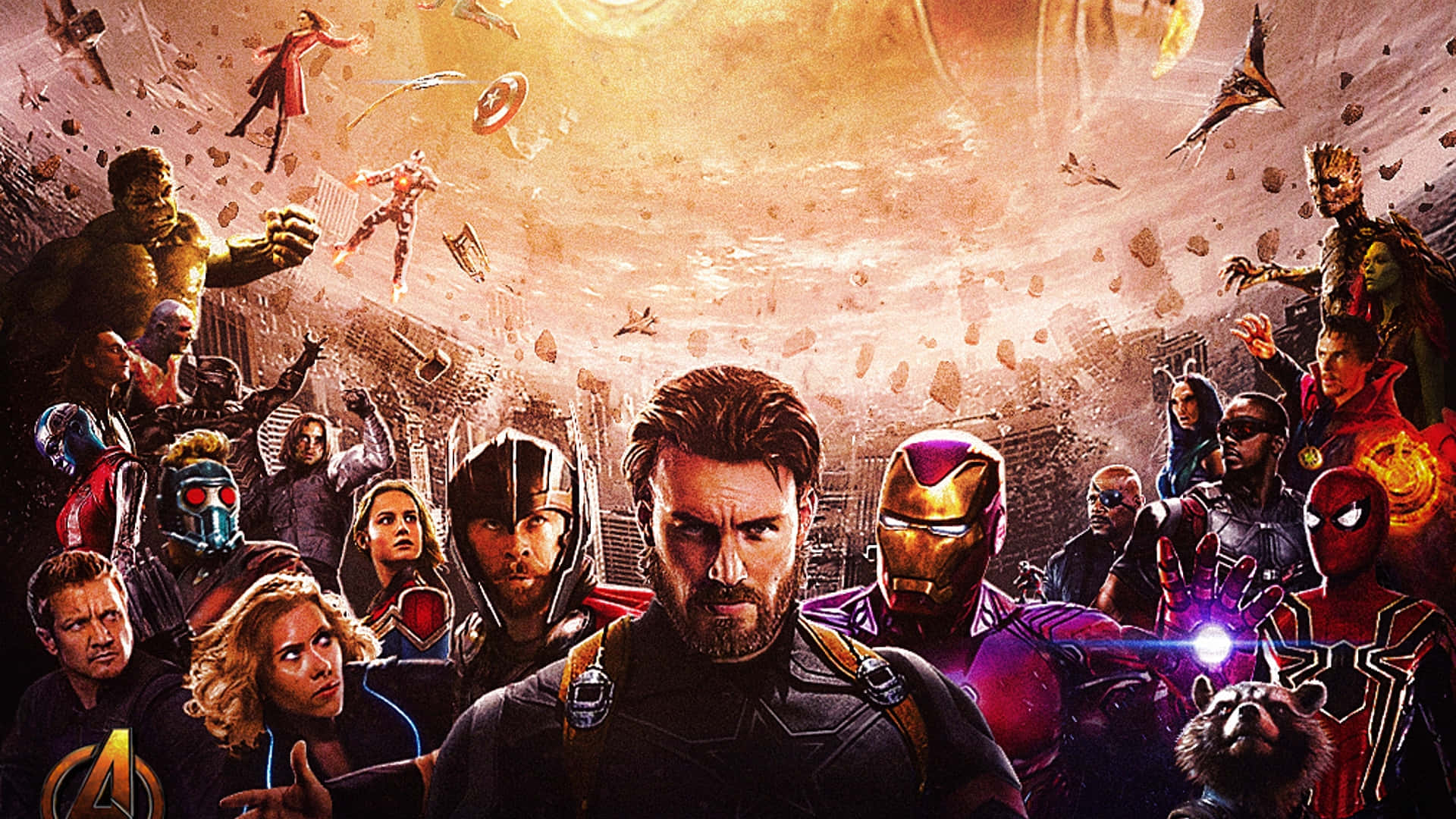 Avengers, battle scene, crumbling cityscape, Full HD Desktop Wallpaper