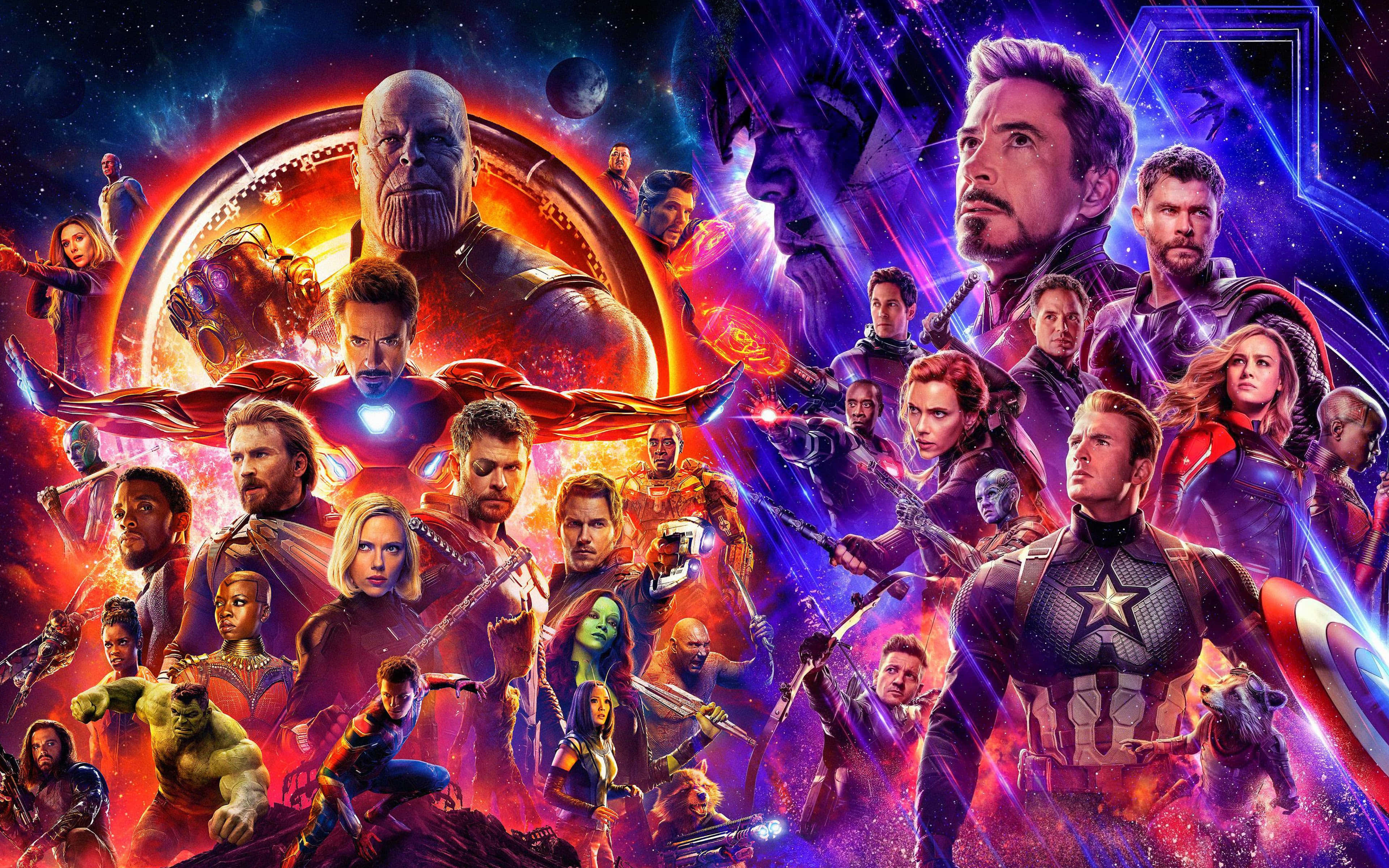 Avengers, cosmic battle scene, starry nebula backdrop, 4K Desktop Wallpaper