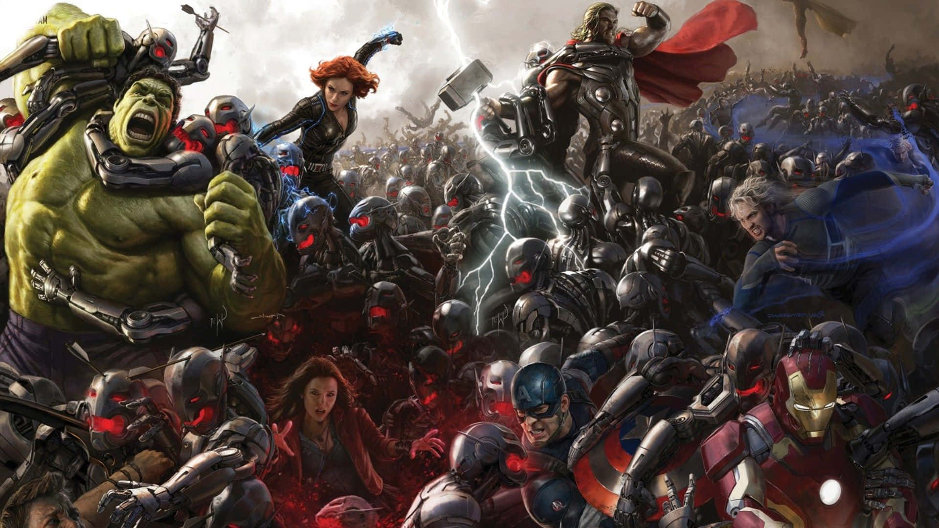 Avengers, robotic enemies, battlefield, Full HD Desktop Wallpaper