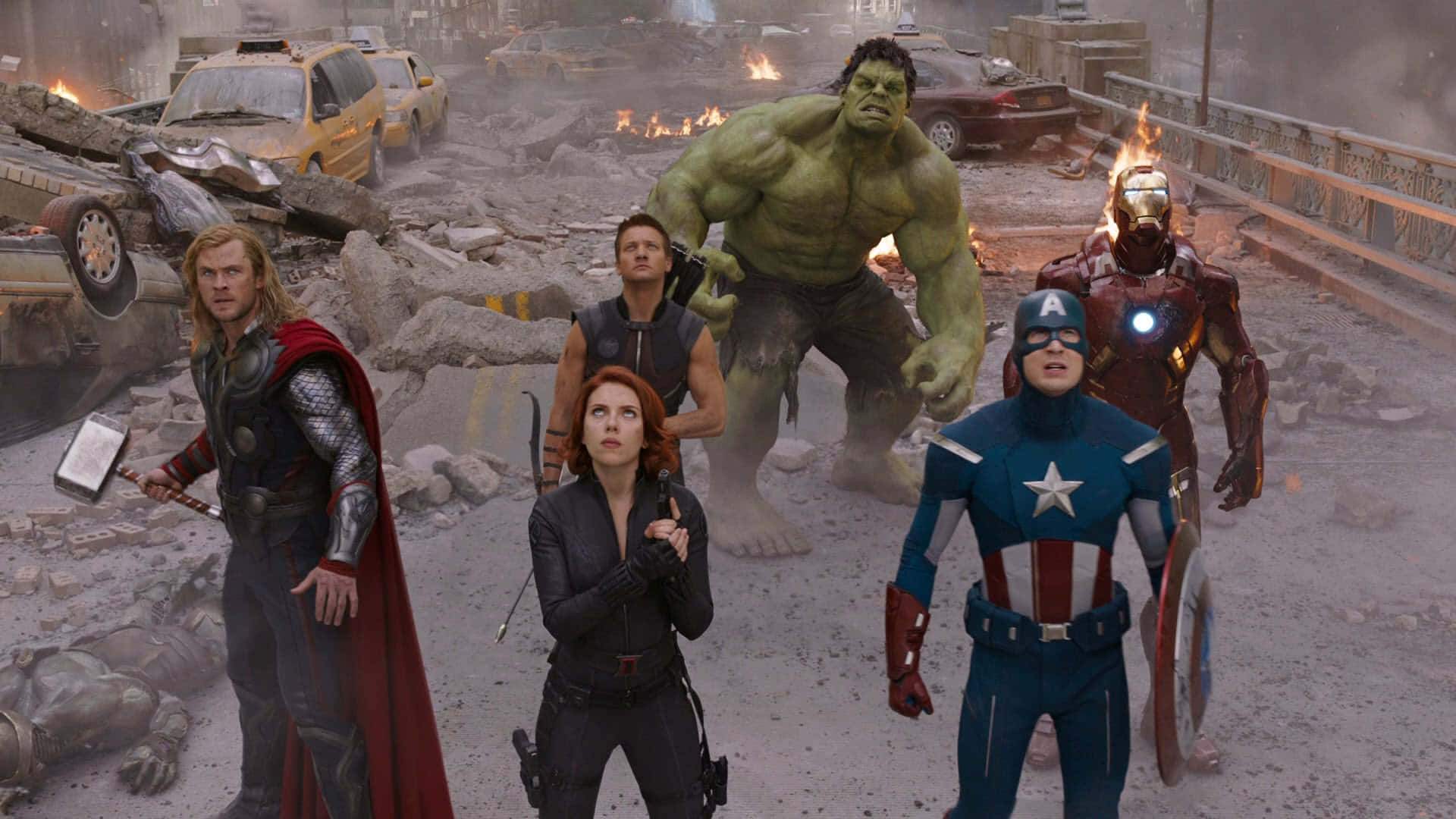New Avengers, war-torn cityscape, burning cars, Full HD Desktop Wallpaper
