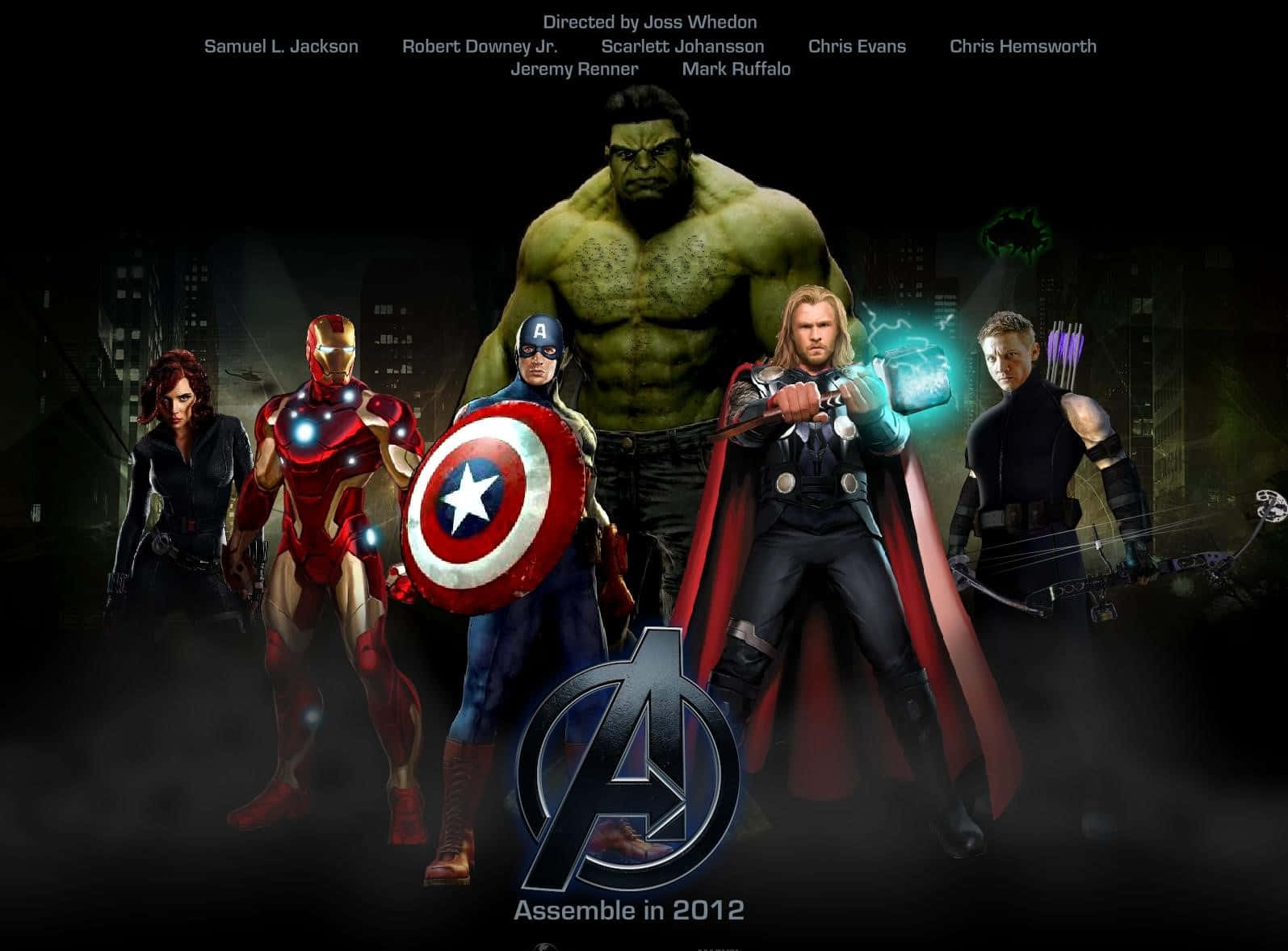 Avengers, dark cityscape, glowing weapons, HD Desktop Wallpaper