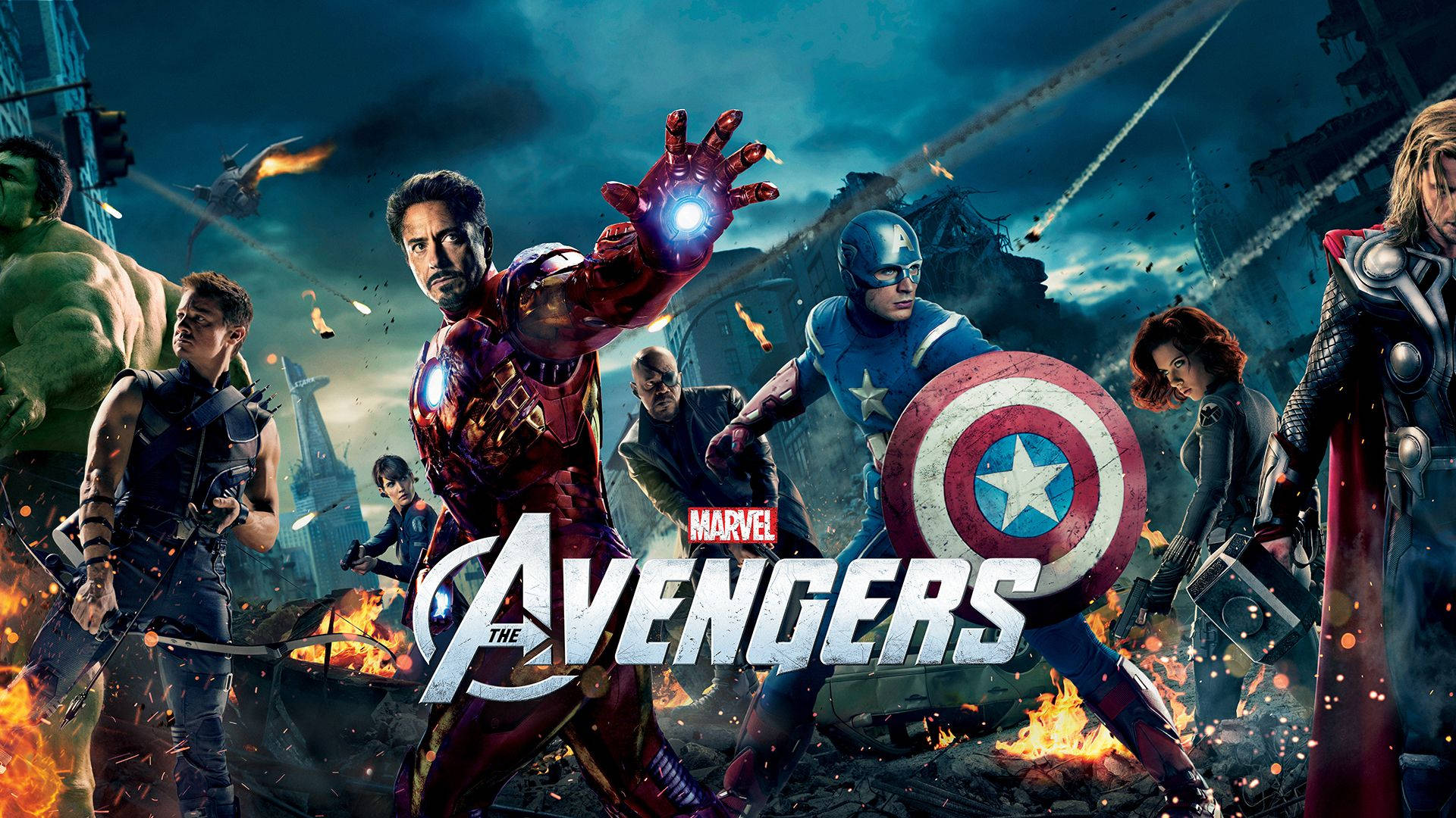 Avengers, heroes, fiery explosions, Full HD Desktop Wallpaper