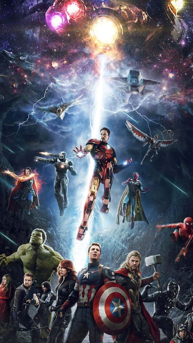 Avengers, cosmic battle, glowing energy beams, SD Phone Wallpaper