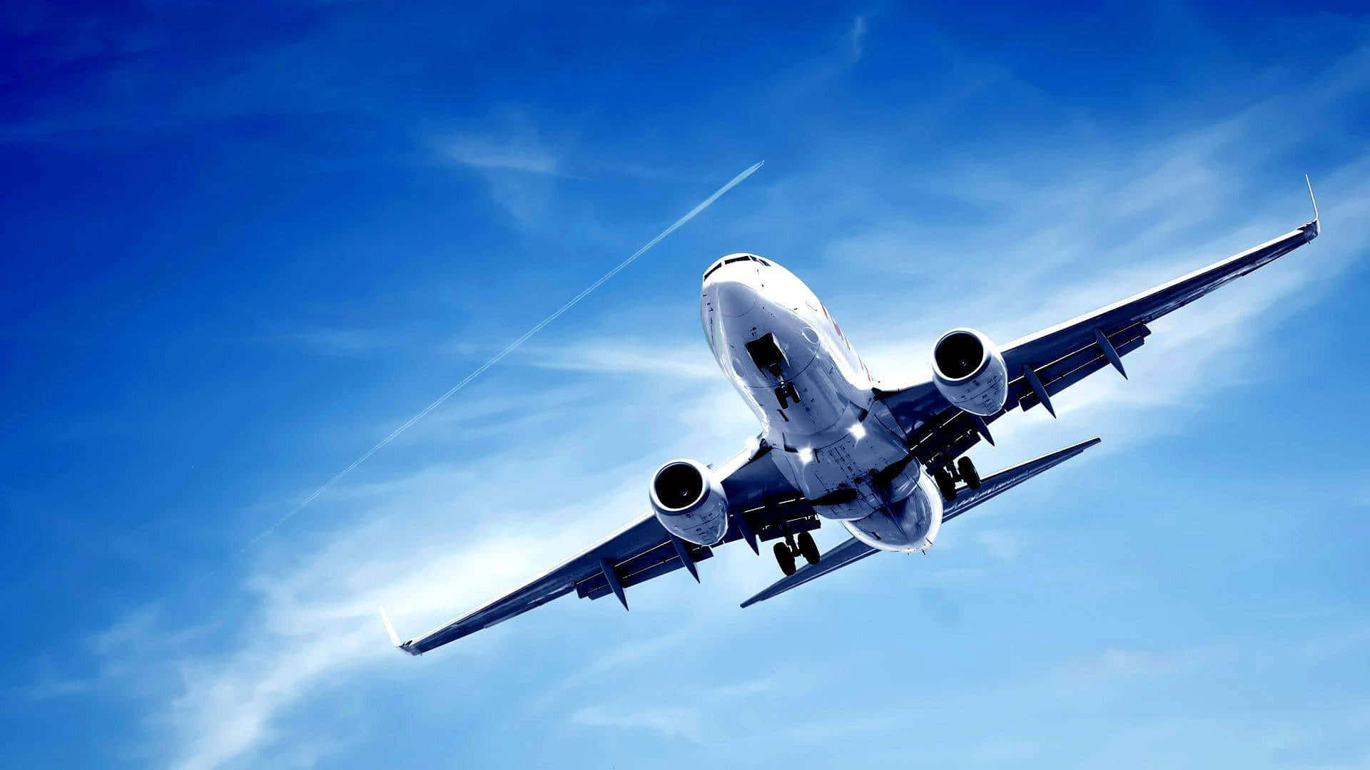commercial airplane, vibrant blue sky, wispy clouds, Full HD Desktop Wallpaper