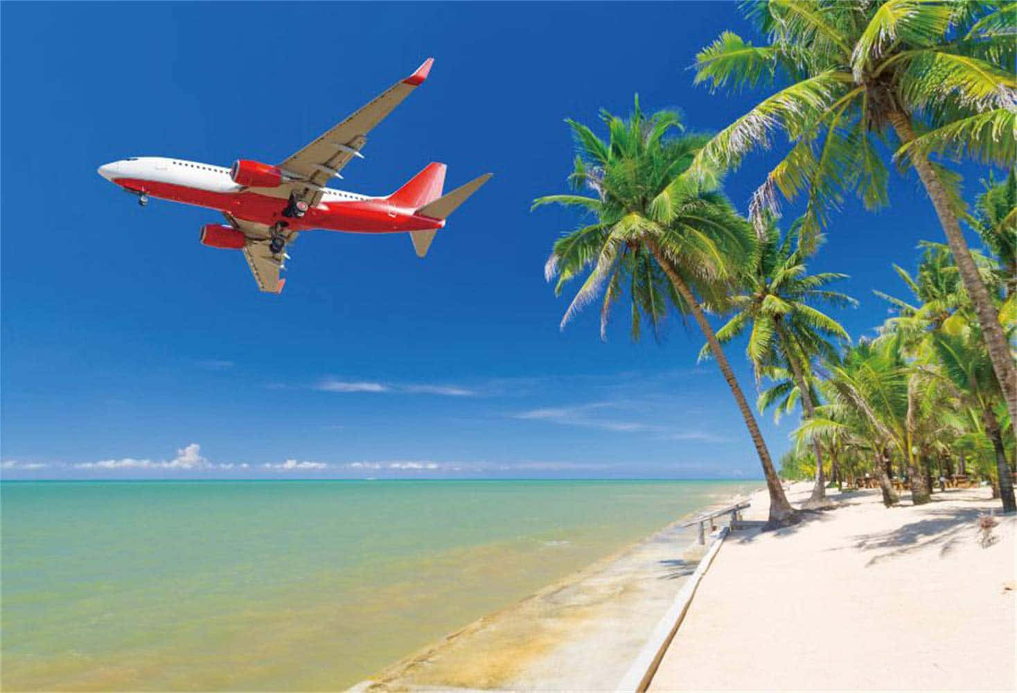 red and white airplane, beach, turquoise waters, HD Desktop Wallpaper