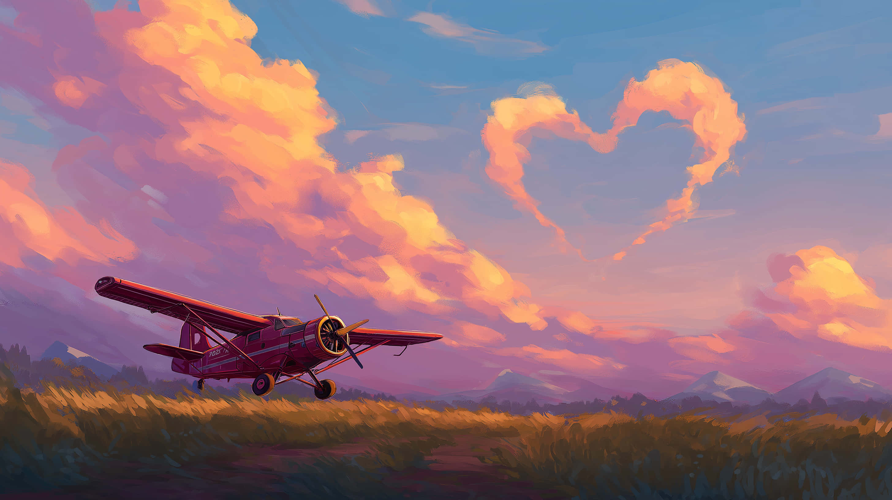red vintage airplane, grassy field, heart-shaped cloud, 2K Desktop Wallpaper