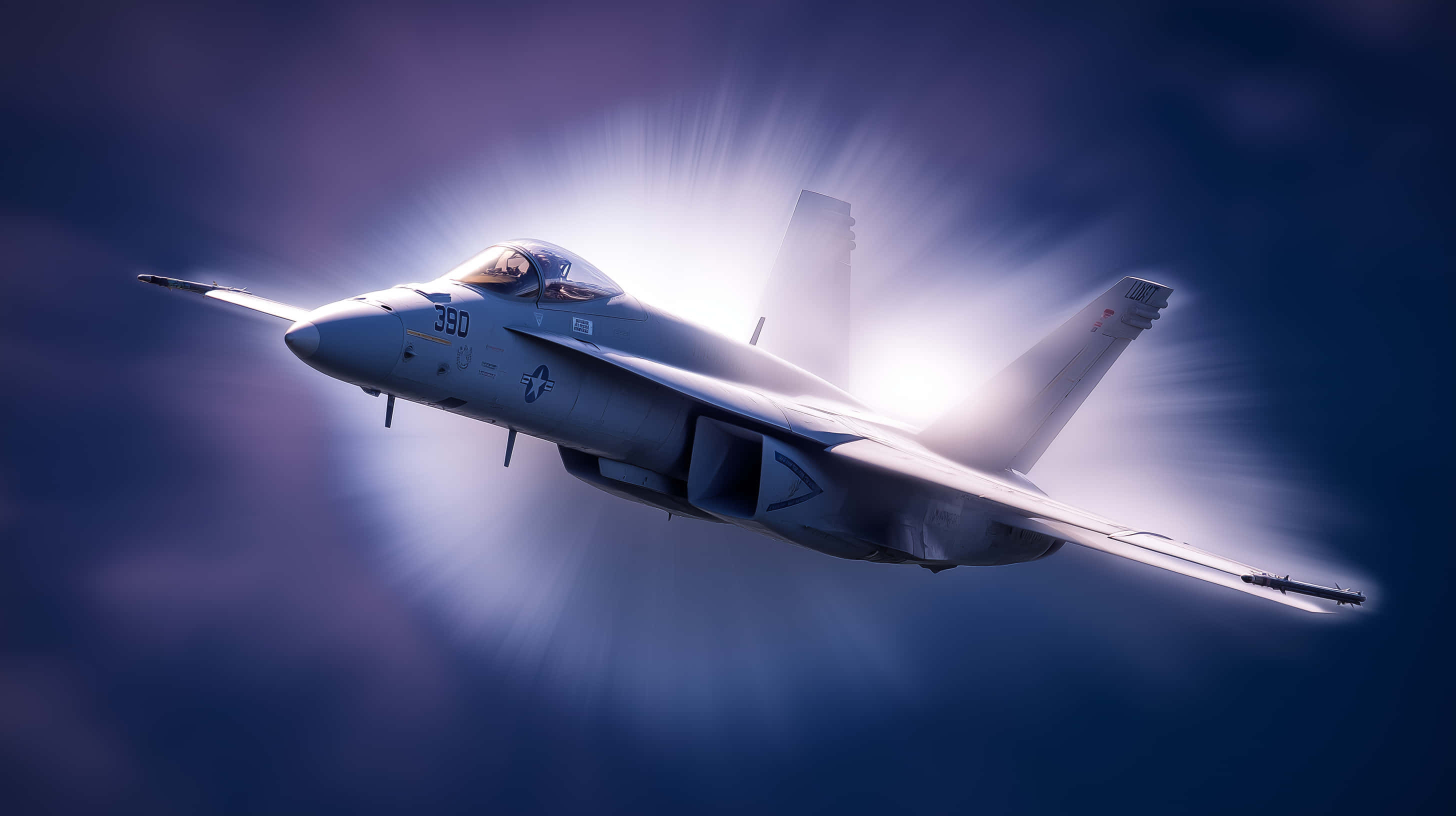 gray fighter jet, dark blue sky, brilliant sunburst, 2K Desktop Wallpaper