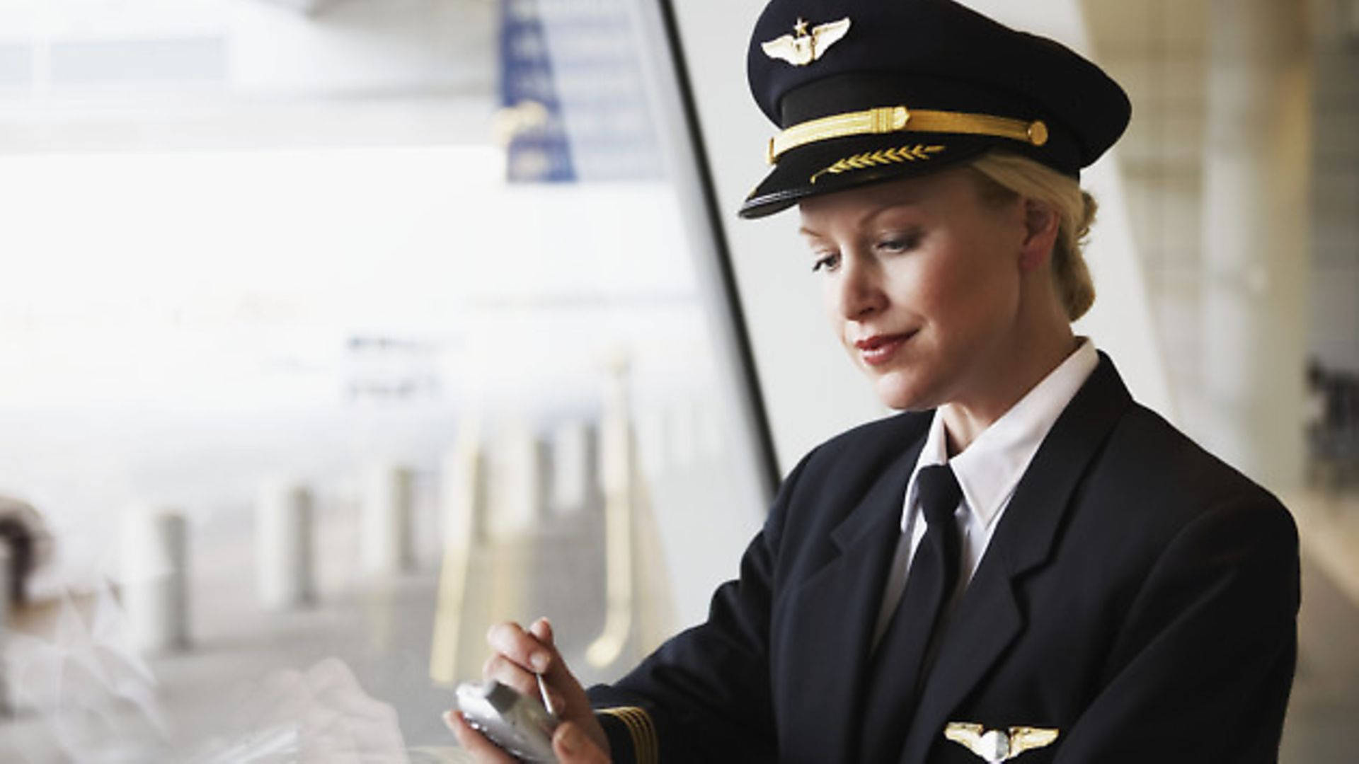 female aviator, uniform, airport terminal, Full HD Desktop Wallpaper