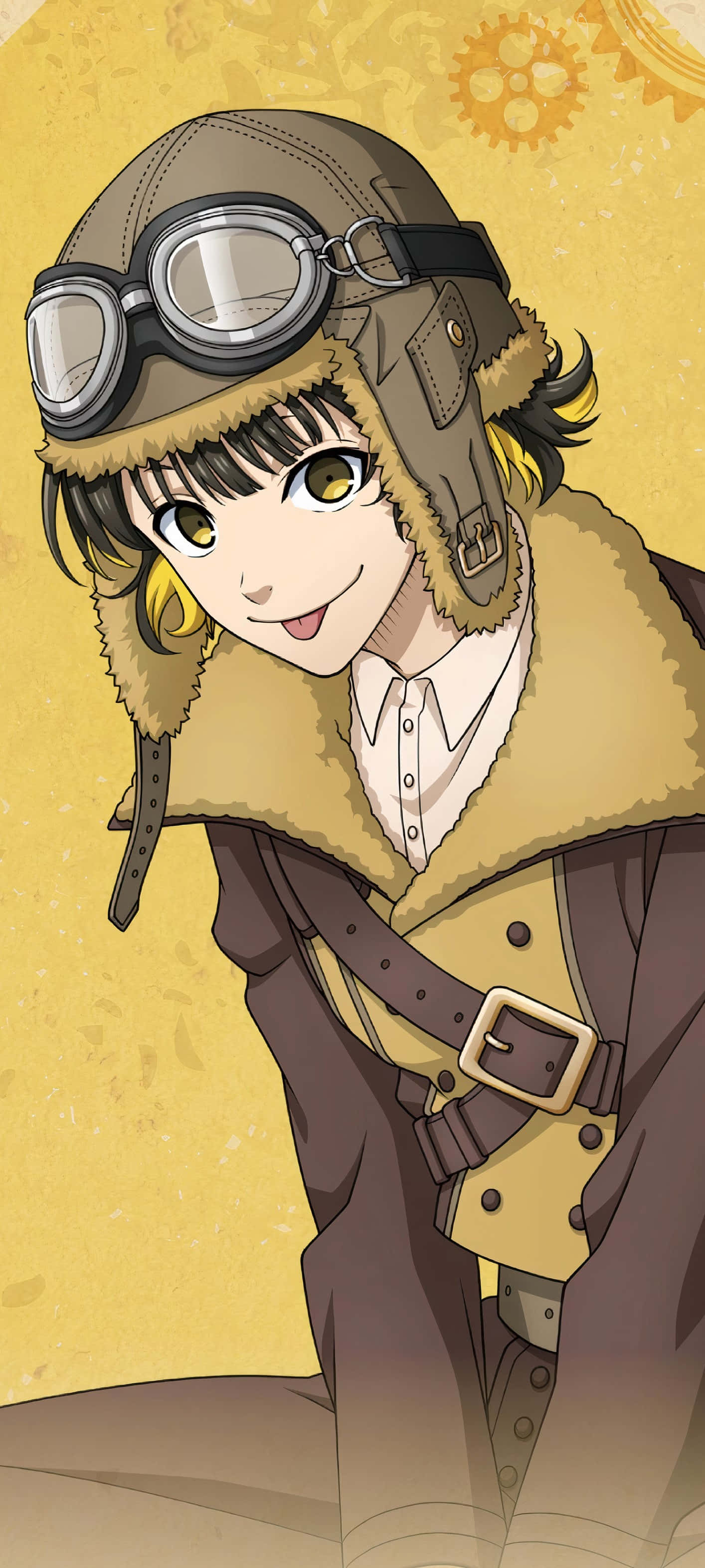 animated aviator character, yellow eyes, fur-lined helmet, 2K Phone Wallpaper