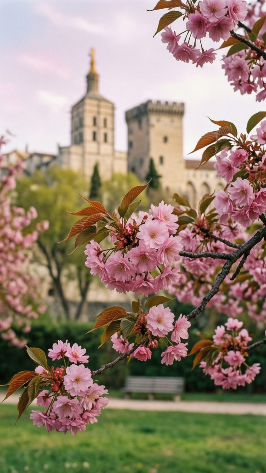 Avignon, spring, pink cherry blossoms, Full HD Phone Wallpaper