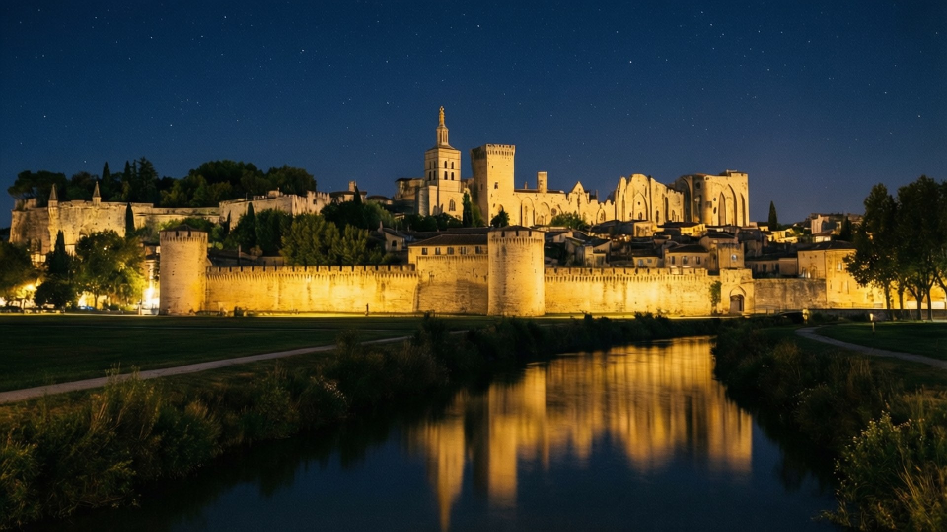 Avignon, walled city, starry night sky, Full HD Desktop Wallpaper