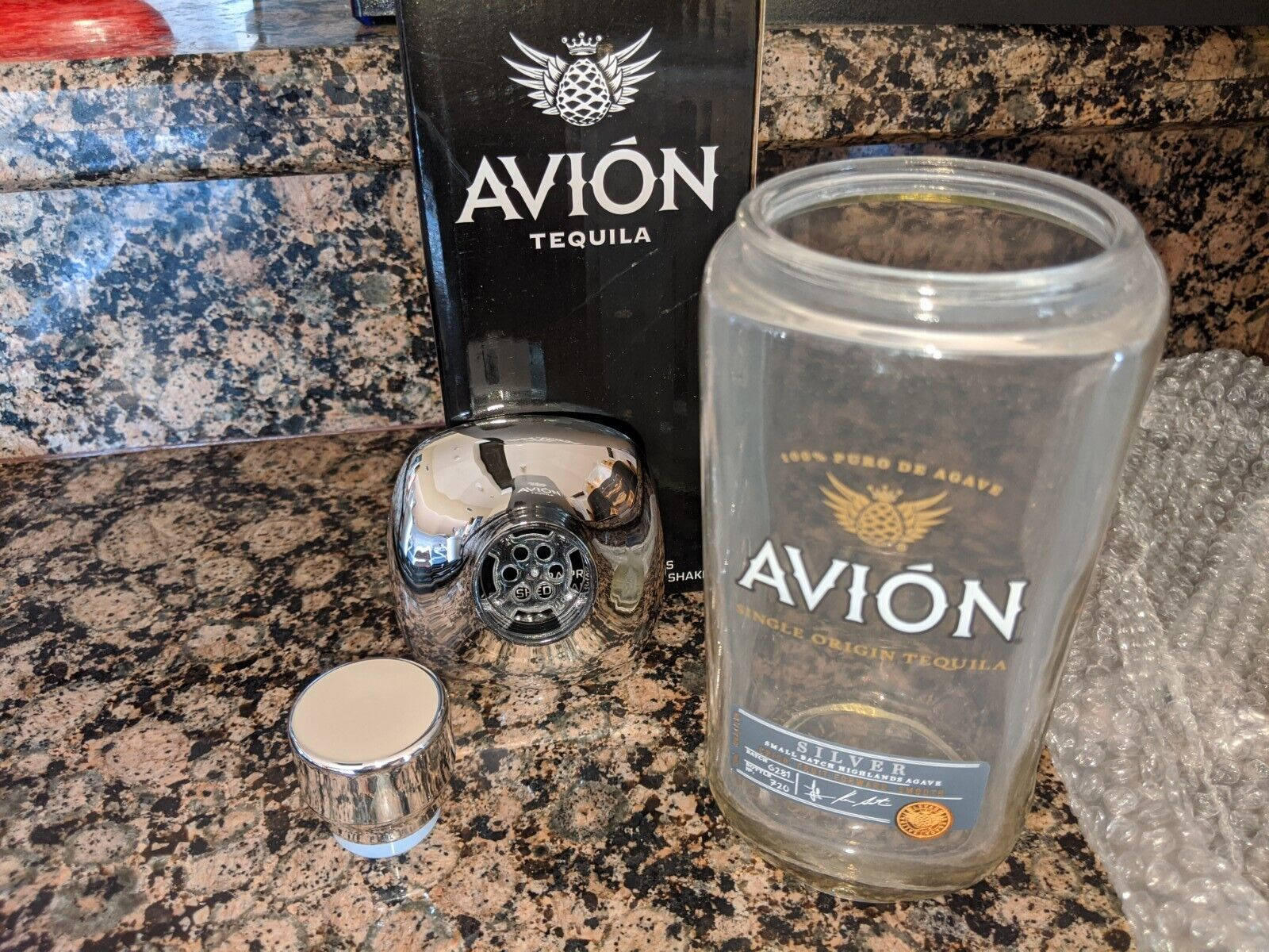 Avion Tequila, chrome cocktail shaker, empty Avion tequila bottle, HD Desktop Wallpaper