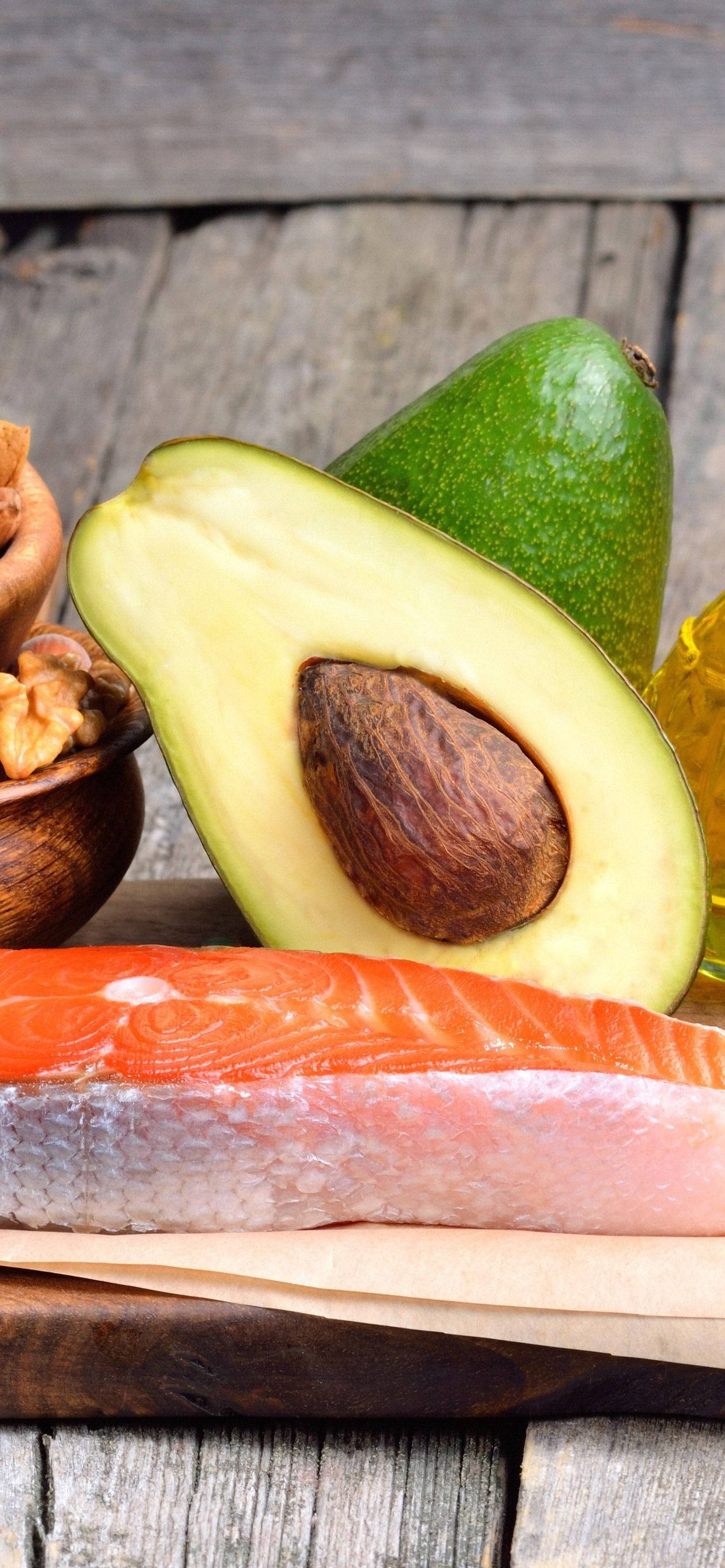 avocado, salmon, walnuts, 2K Phone Wallpaper