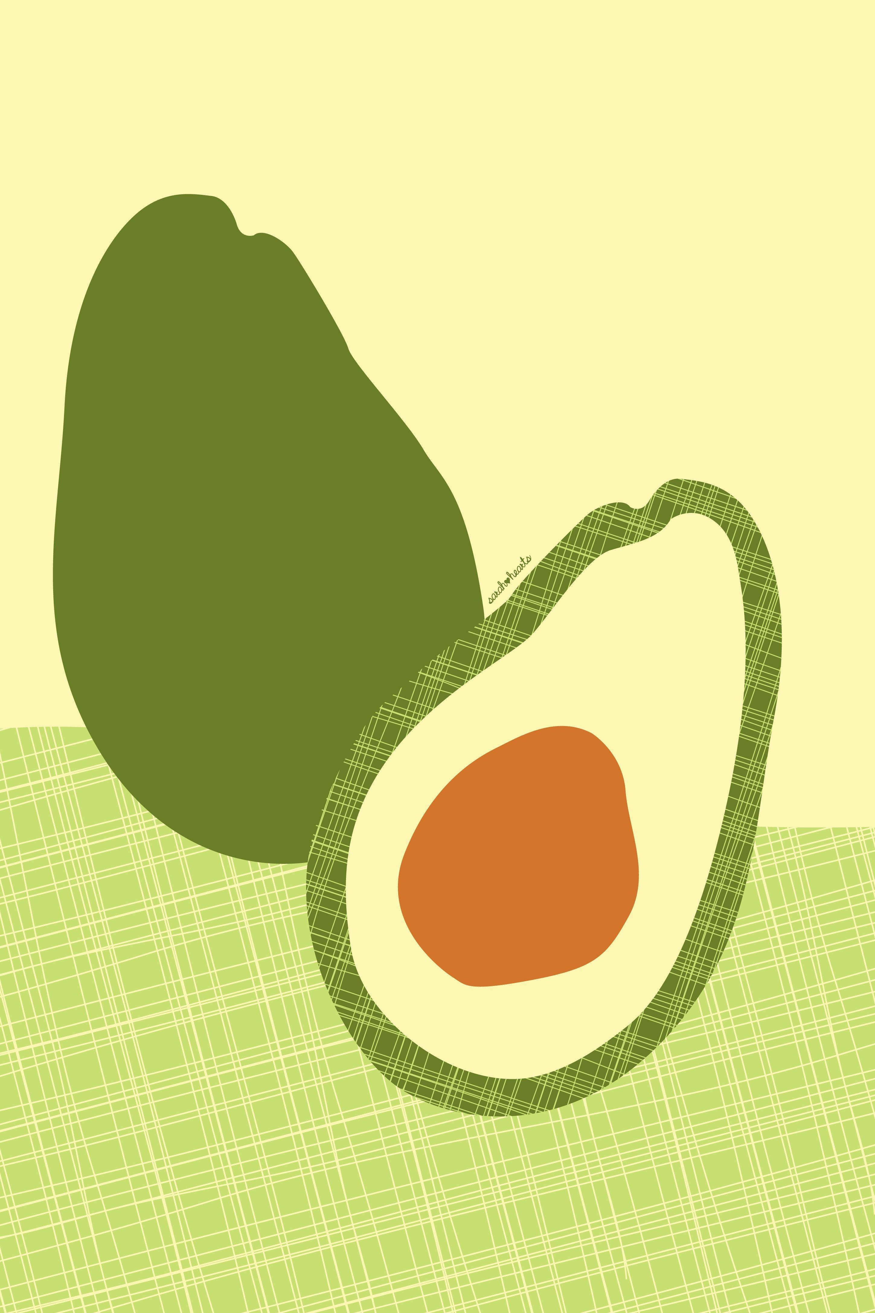avocado fruit, plaid green background, soft yellow tones, 4K Phone Wallpaper