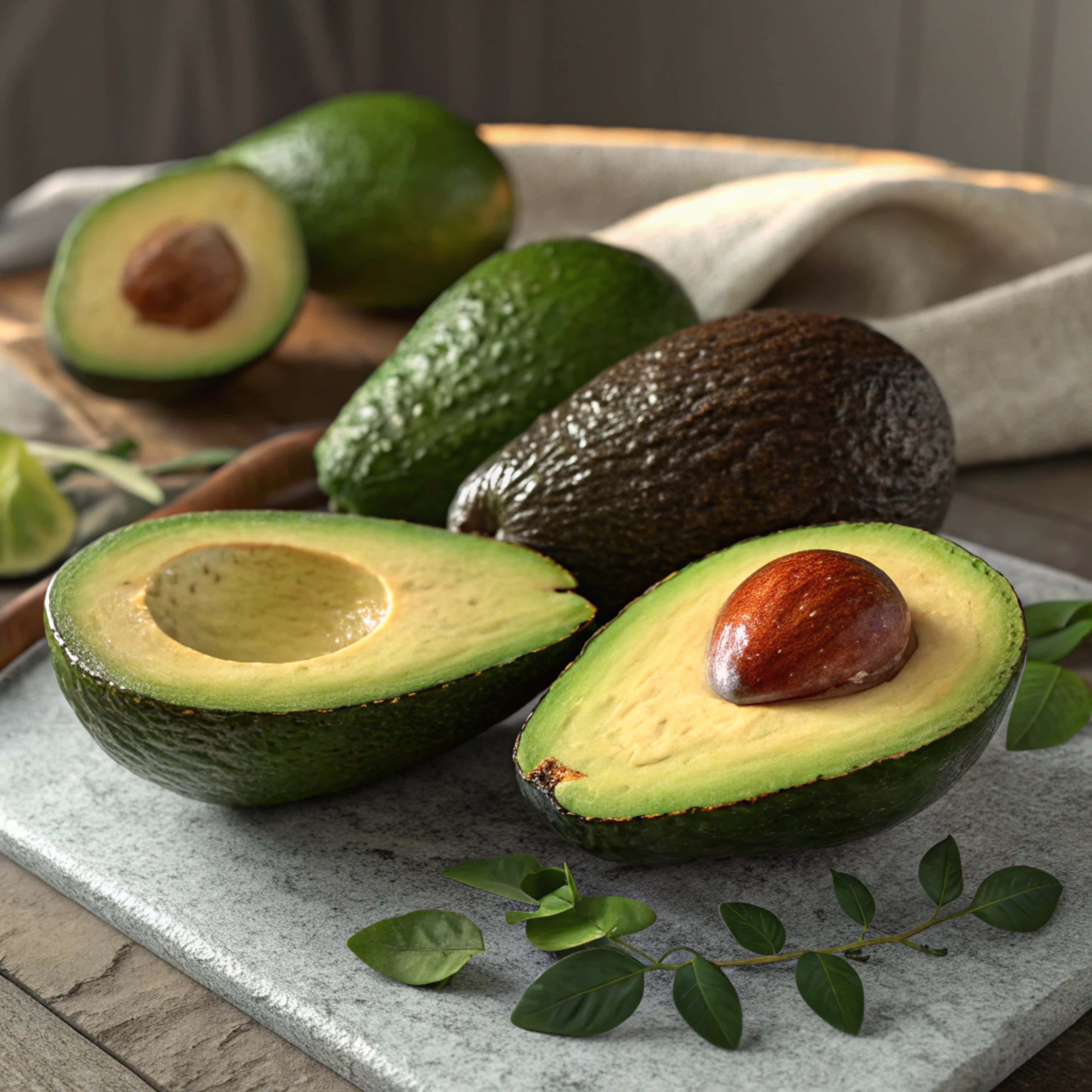 avocados, marble surface, creamy green flesh, 4K Desktop Wallpaper