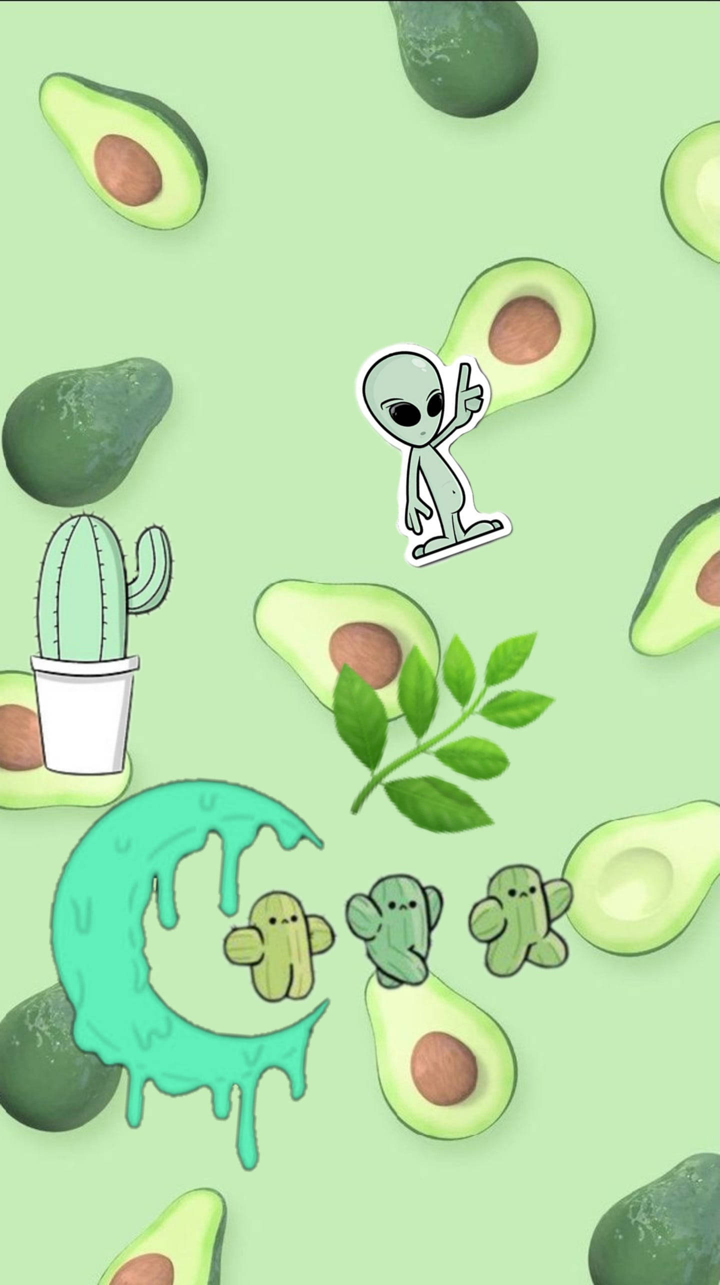 quirky super light green phone, sliced avocados, cacti, 2K Phone Wallpaper