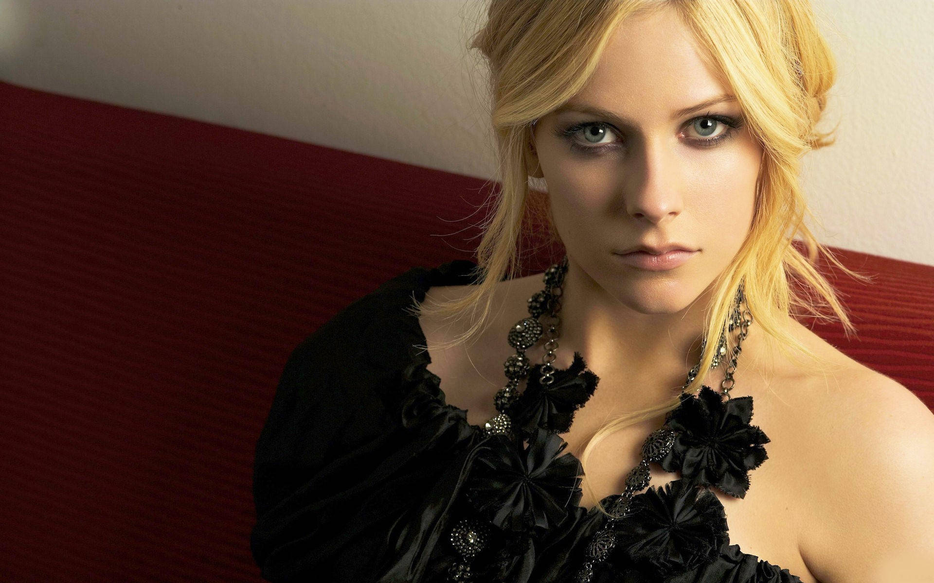 Avril Lavigne, black floral dress, red textured wall, Full HD Desktop Wallpaper
