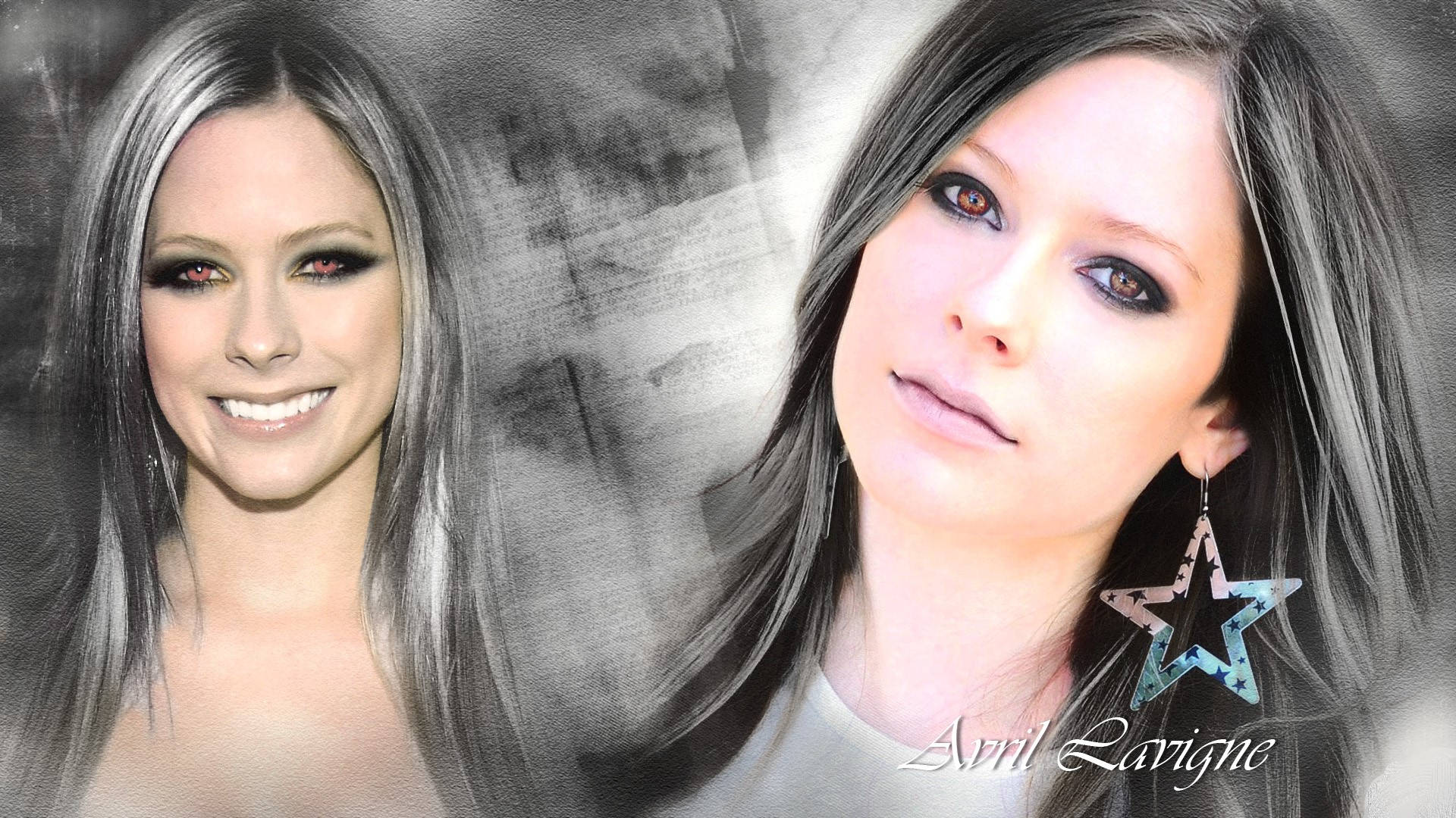 Avril Lavigne, smoky eye makeup, star earrings, Full HD Desktop Wallpaper