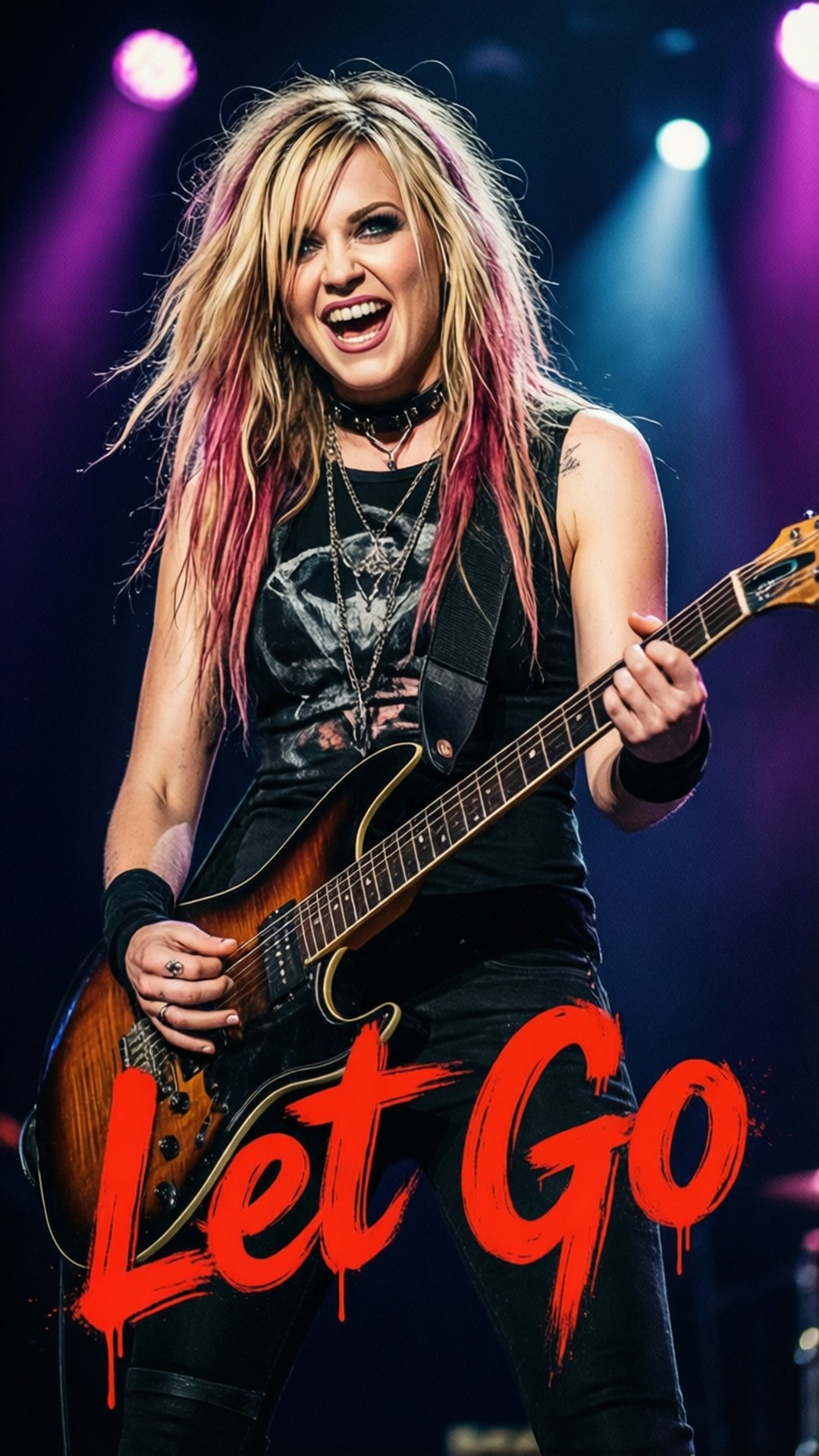 Avril Lavigne, pink-tipped hair, purple stage lights, Full HD Phone Wallpaper