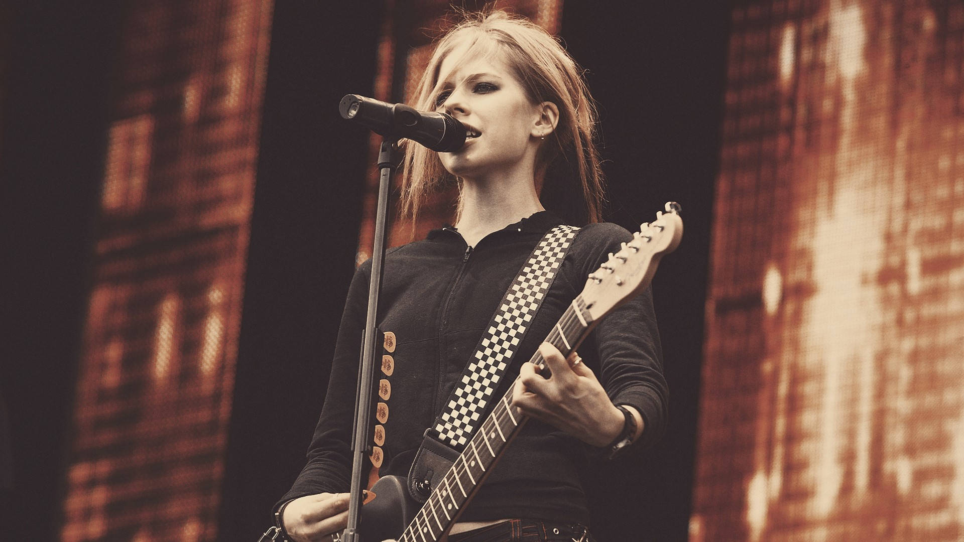 Avril Lavigne, electric guitar, mic, Full HD Desktop Wallpaper