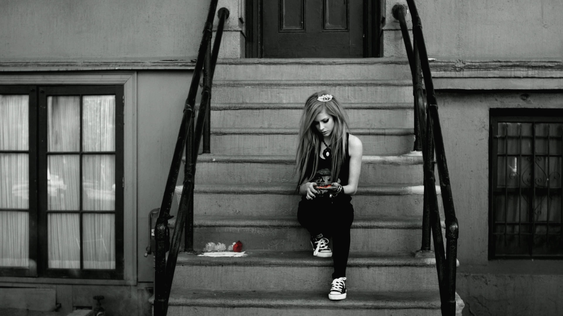 Avril Lavigne, concrete steps, long hair, Full HD Desktop Wallpaper