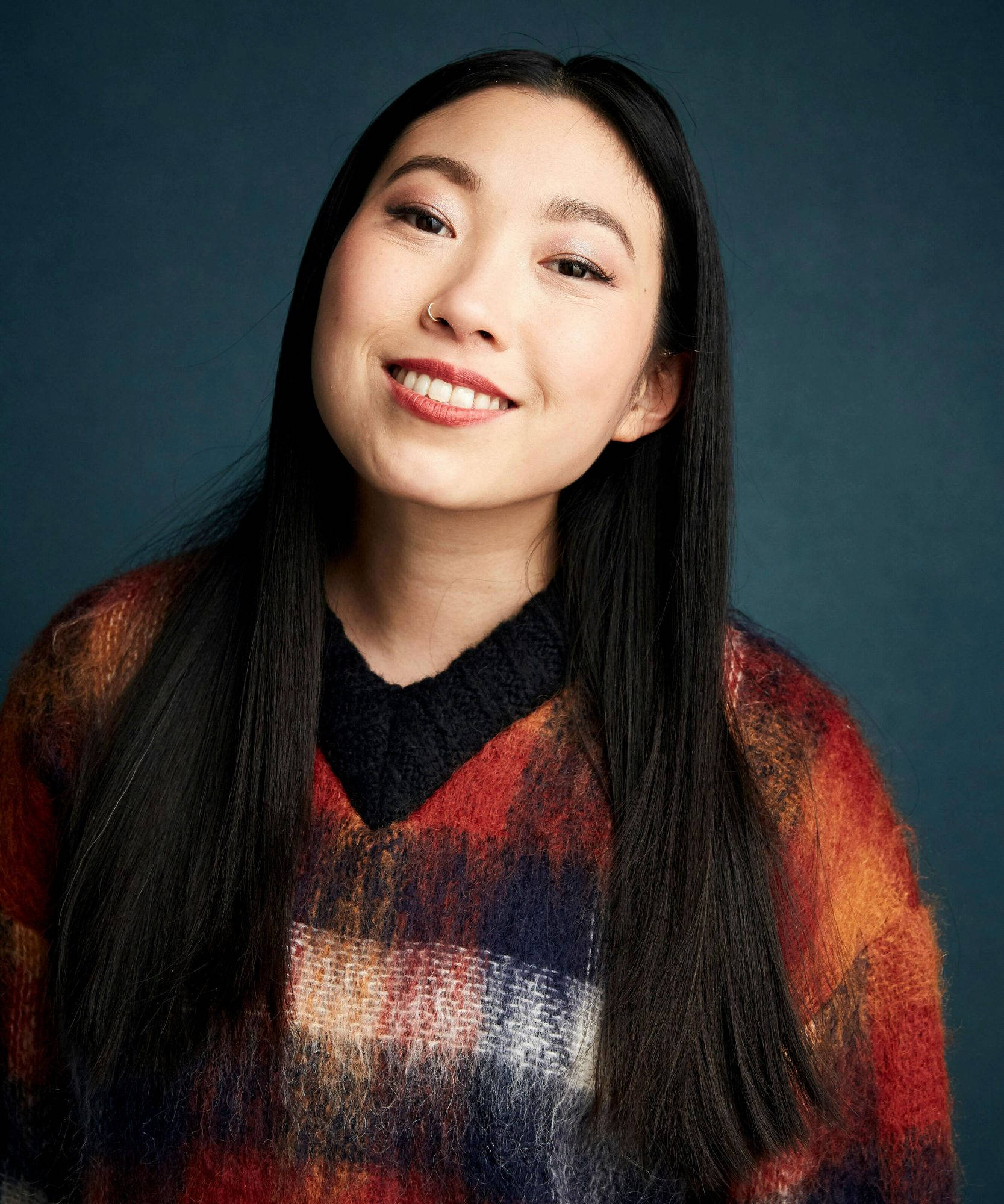 Awkwafina, red orange checkered sweater, long dark hair, Full HD Phone Wallpaper