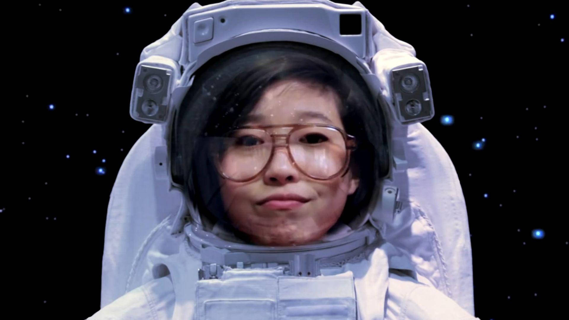 Awkwafina, white astronaut suit, glasses, Full HD Desktop Wallpaper