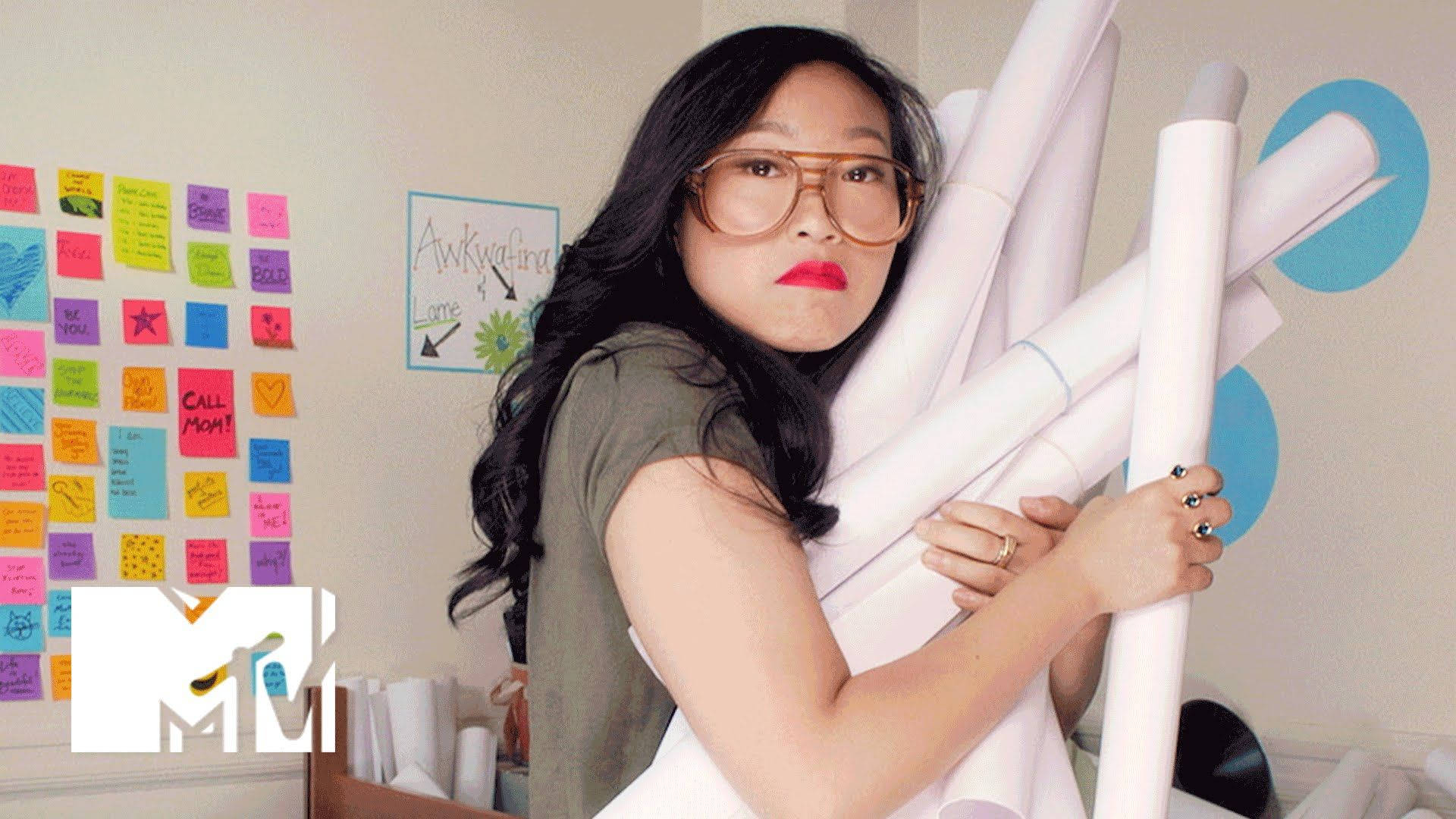 Awkwafina, colorful sticky notes, glasses, Full HD Desktop Wallpaper