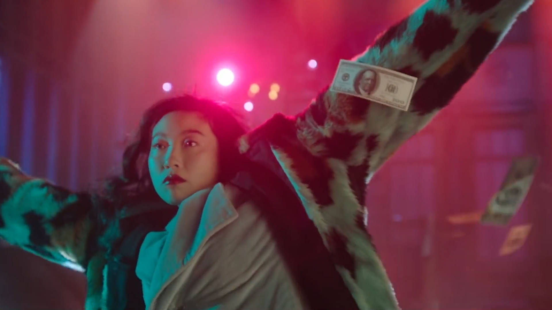 Awkwafina, leopard-print coat, vibrant red and blue stage lights, Full HD Desktop Wallpaper
