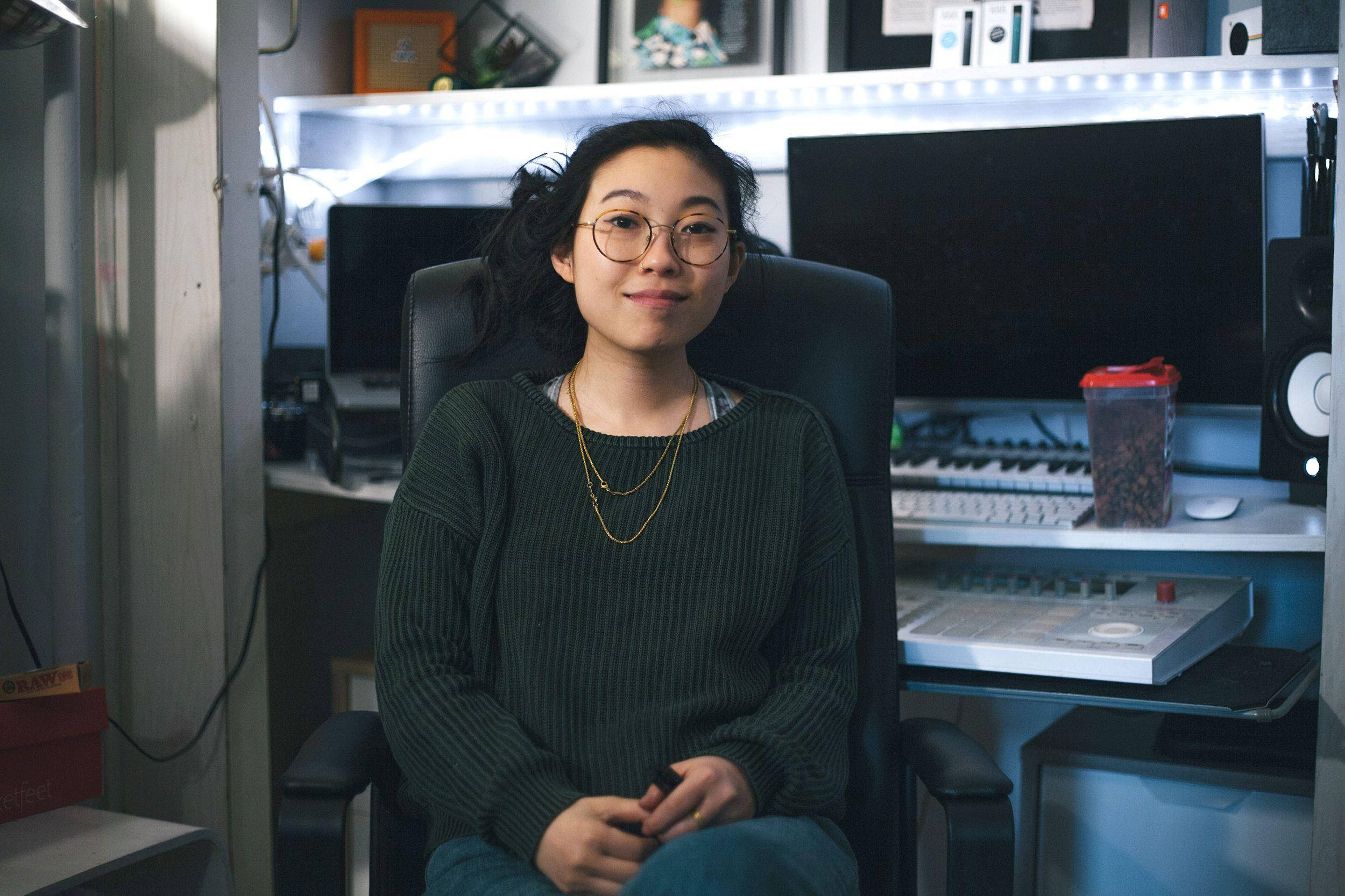 Awkwafina, music studio, black office chair, Full HD Desktop Wallpaper