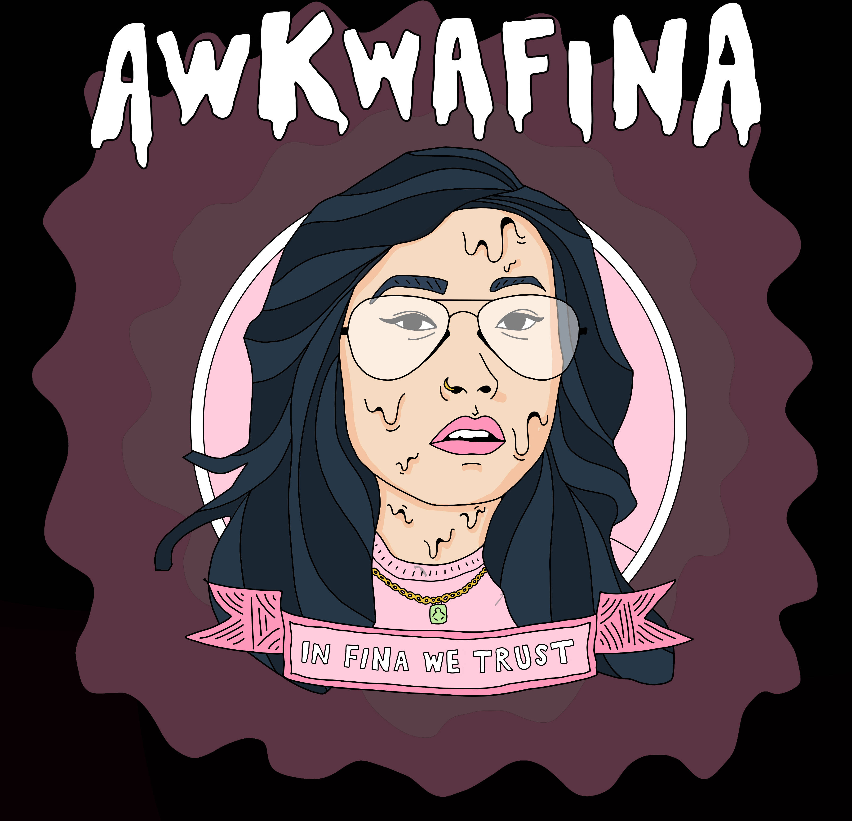 Awkwafina, glasses, pink banner, 2K Desktop Wallpaper