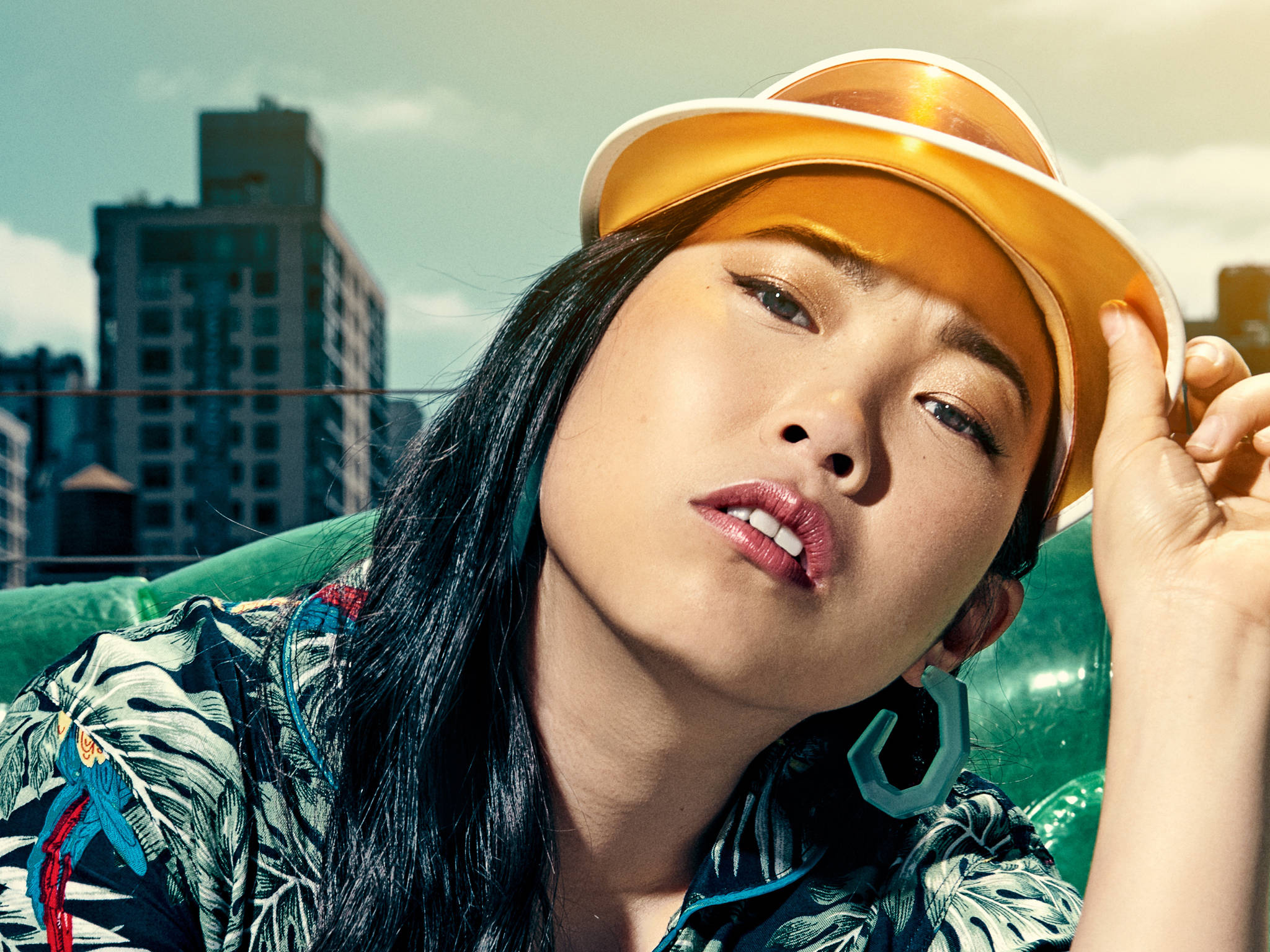 Awkwafina, yellow sun visor, rooftop, Full HD Desktop Wallpaper